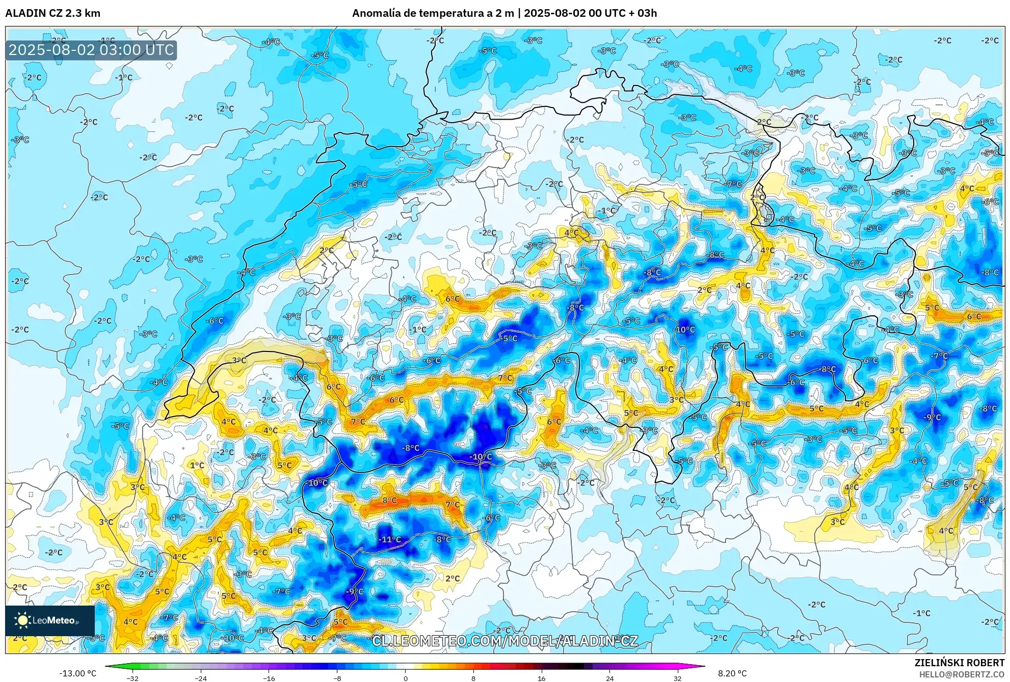 ALADIN CZ 2.3 km model - Suiza, Anomalía de temperatura a 2 m