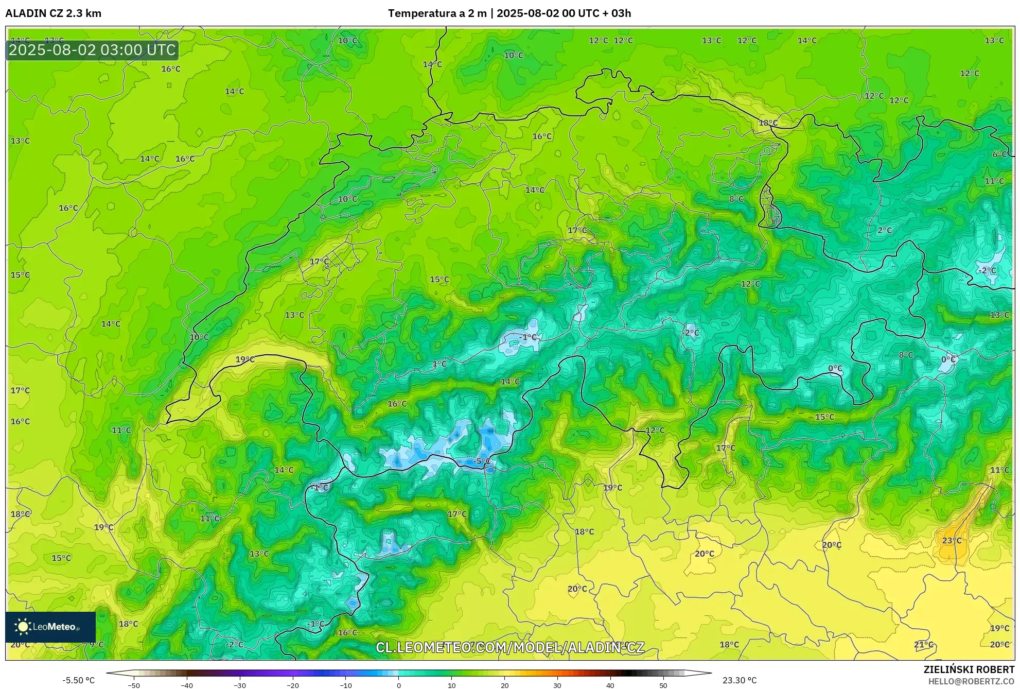 ALADIN CZ 2.3 km model - Suiza, Temperatura a 2 m ALADIN CZ 2.3 km model - Suiza, Temperatura a 2 m