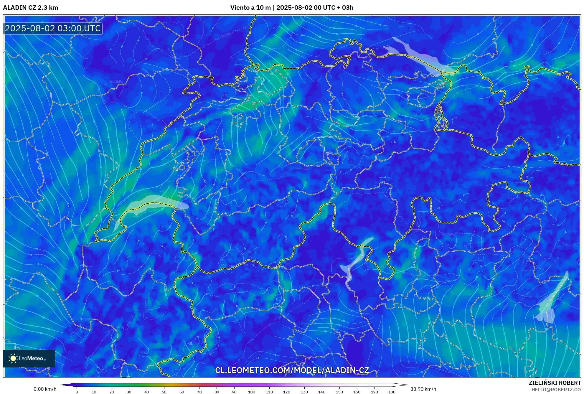 ALADIN CZ 2.3 km model - Suiza, Viento a 10 m ALADIN CZ 2.3 km model - Suiza, Viento a 10 m