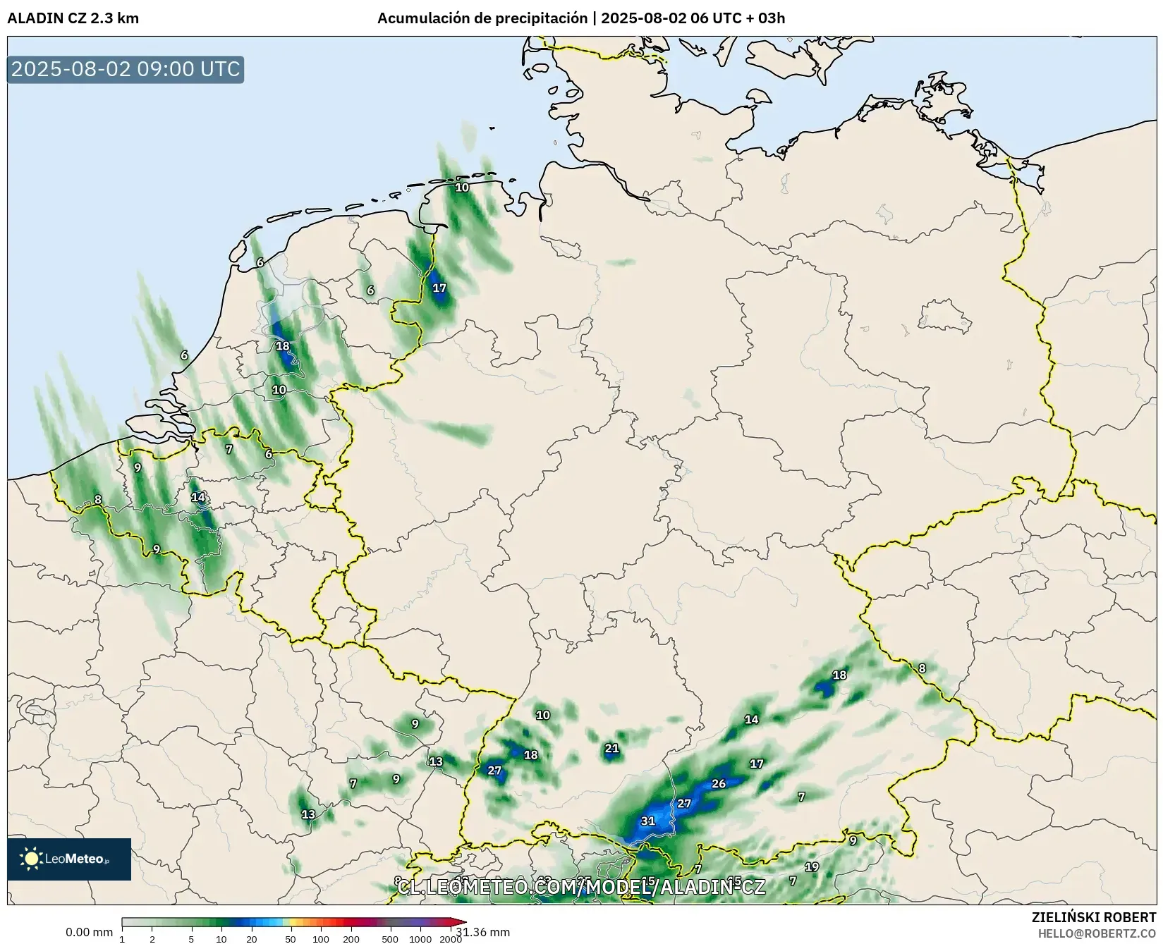 ALADIN CZ 2.3 km model - Alemania, Acumulación de precipitación ALADIN CZ 2.3 km model - Alemania, Acumulación de precipitación