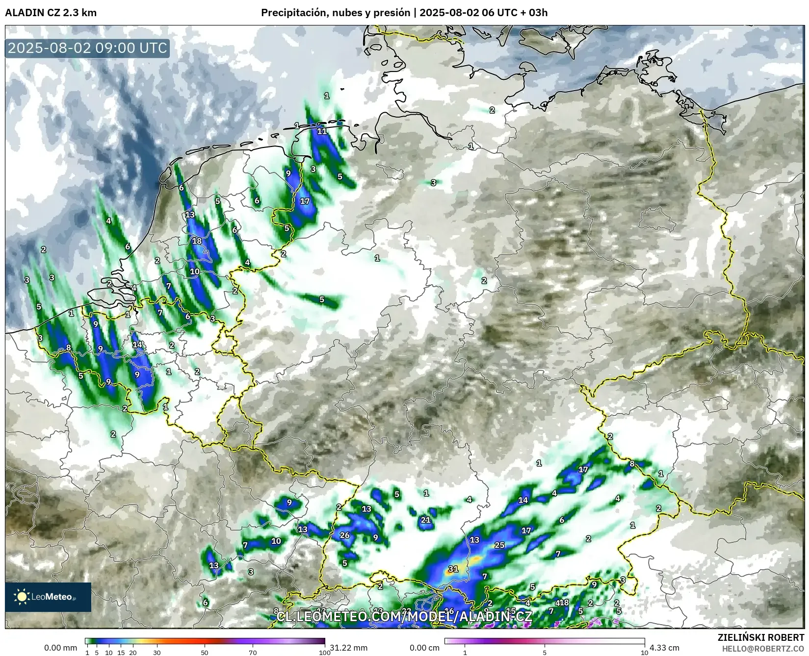 ALADIN CZ 2.3 km model - Alemania, Precipitación, nubes y presión ALADIN CZ 2.3 km model - Alemania, Precipitación, nubes y presión