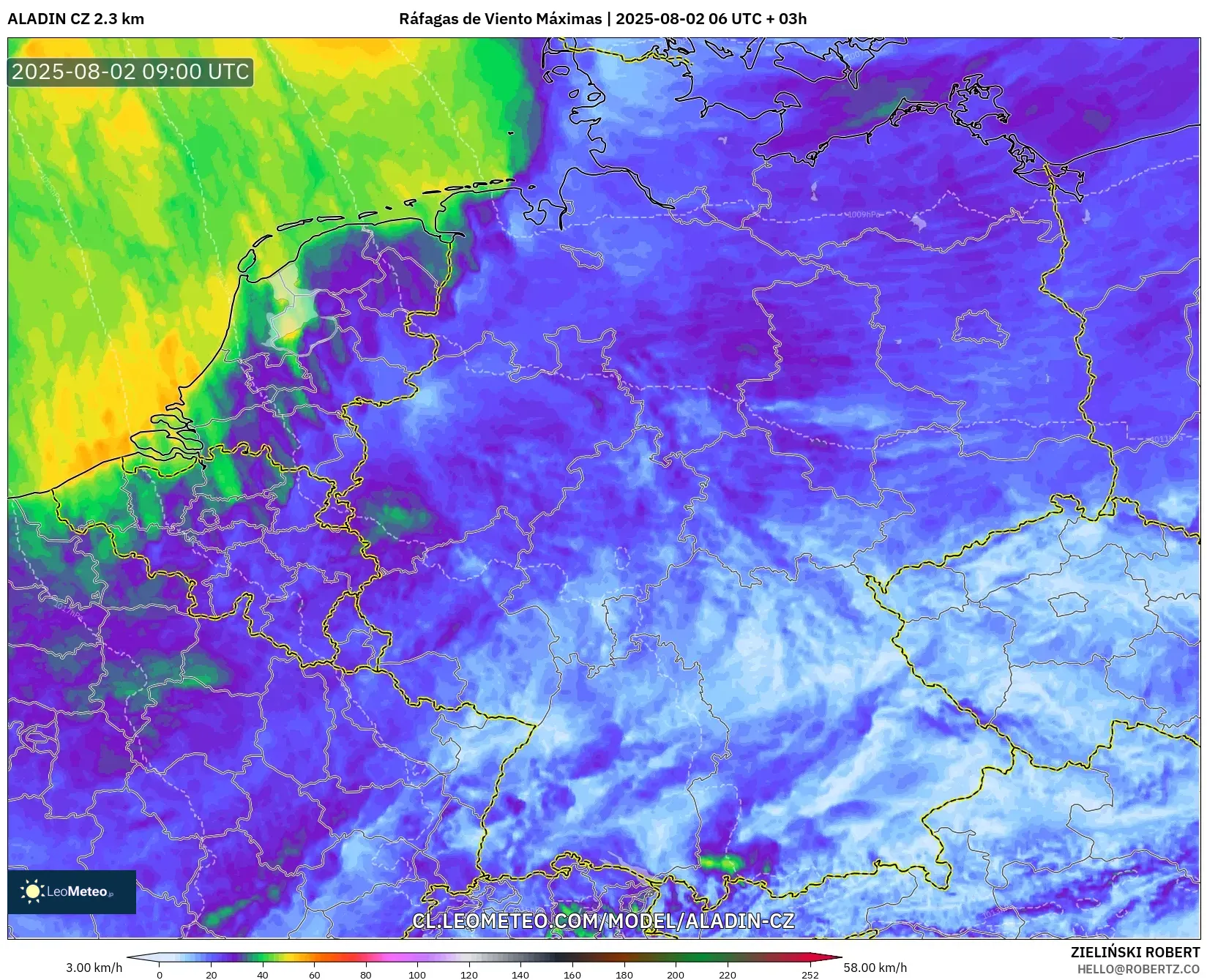 ALADIN CZ 2.3 km model - Alemania, Ráfagas de Viento Máximas ALADIN CZ 2.3 km model - Alemania, Ráfagas de Viento Máximas
