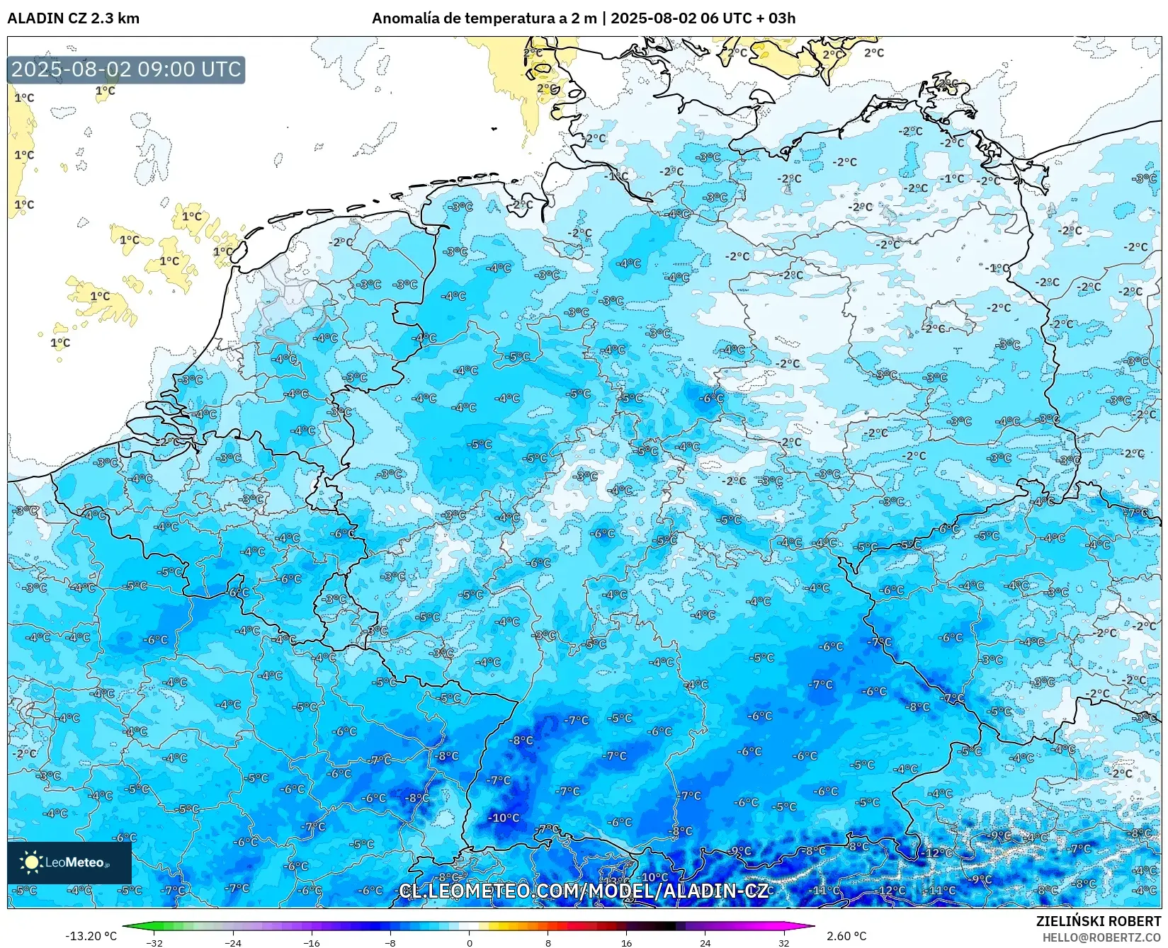 ALADIN CZ 2.3 km model - Alemania, Anomalía de temperatura a 2 m ALADIN CZ 2.3 km model - Alemania, Anomalía de temperatura a 2 m