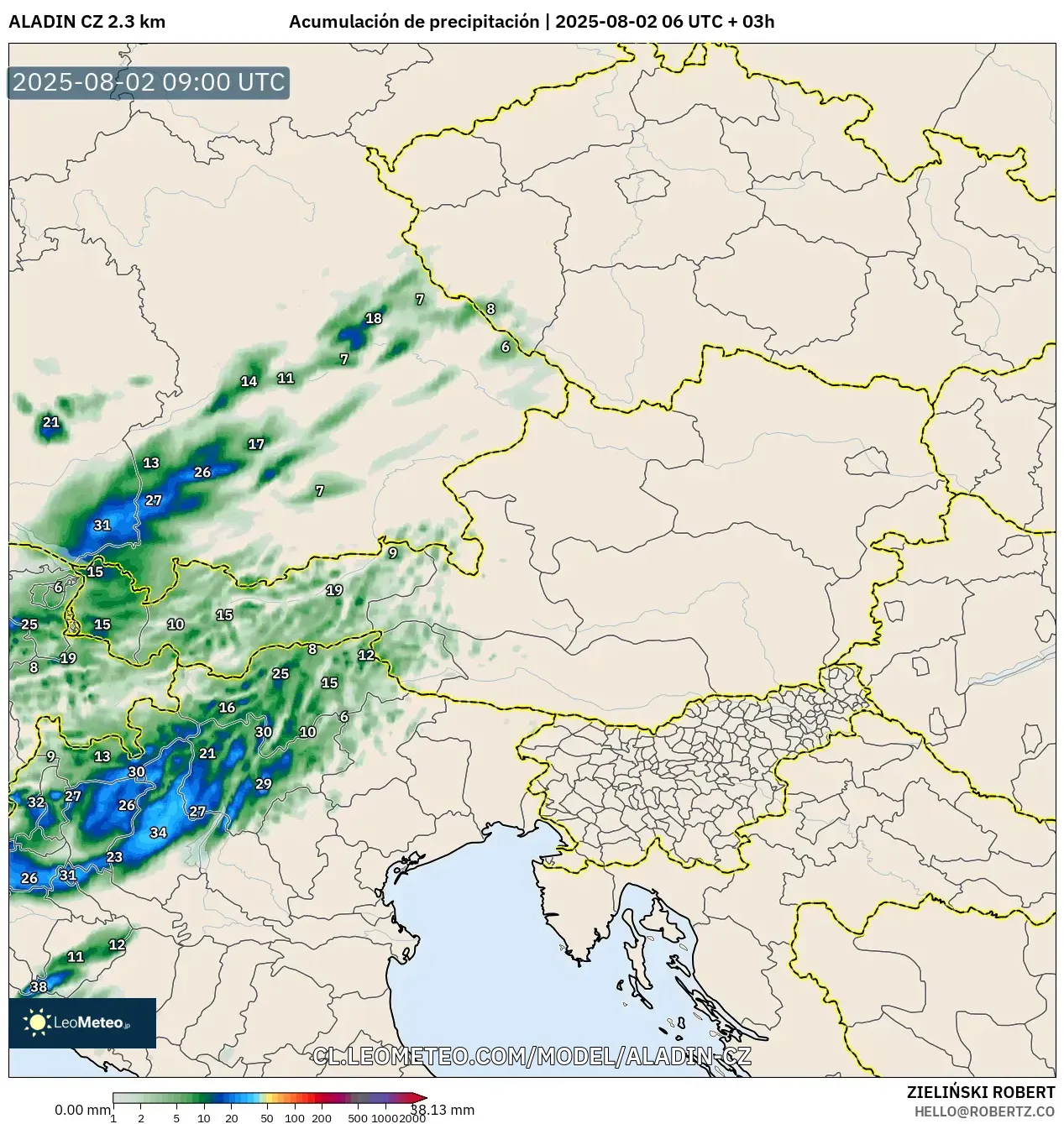 ALADIN CZ 2.3 km model - Austria, Acumulación de precipitación ALADIN CZ 2.3 km model - Austria, Acumulación de precipitación