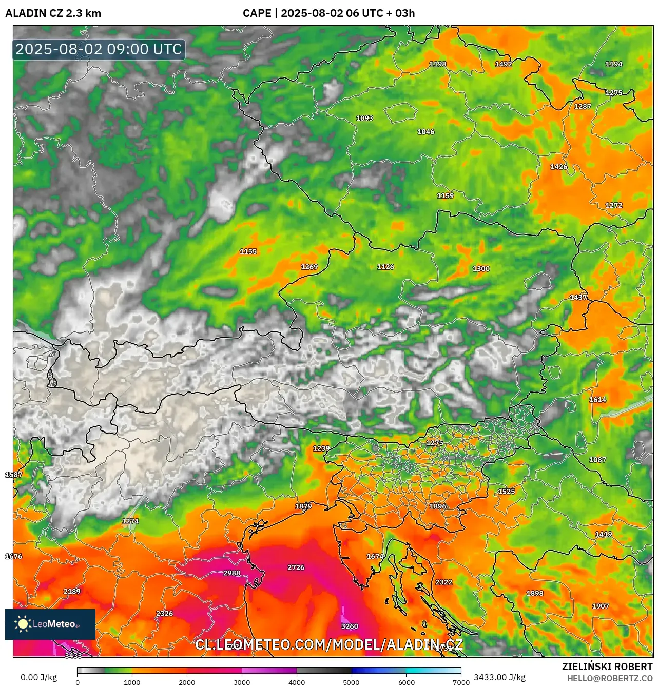 ALADIN CZ 2.3 km model - Austria, CAPE ALADIN CZ 2.3 km model - Austria, CAPE