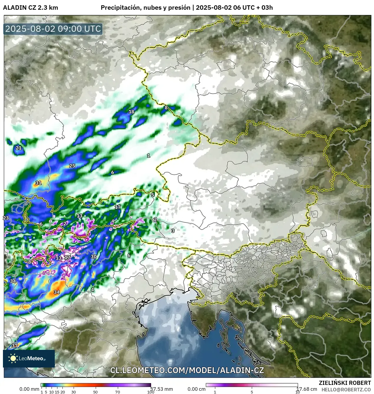 ALADIN CZ 2.3 km model - Austria, Precipitación, nubes y presión