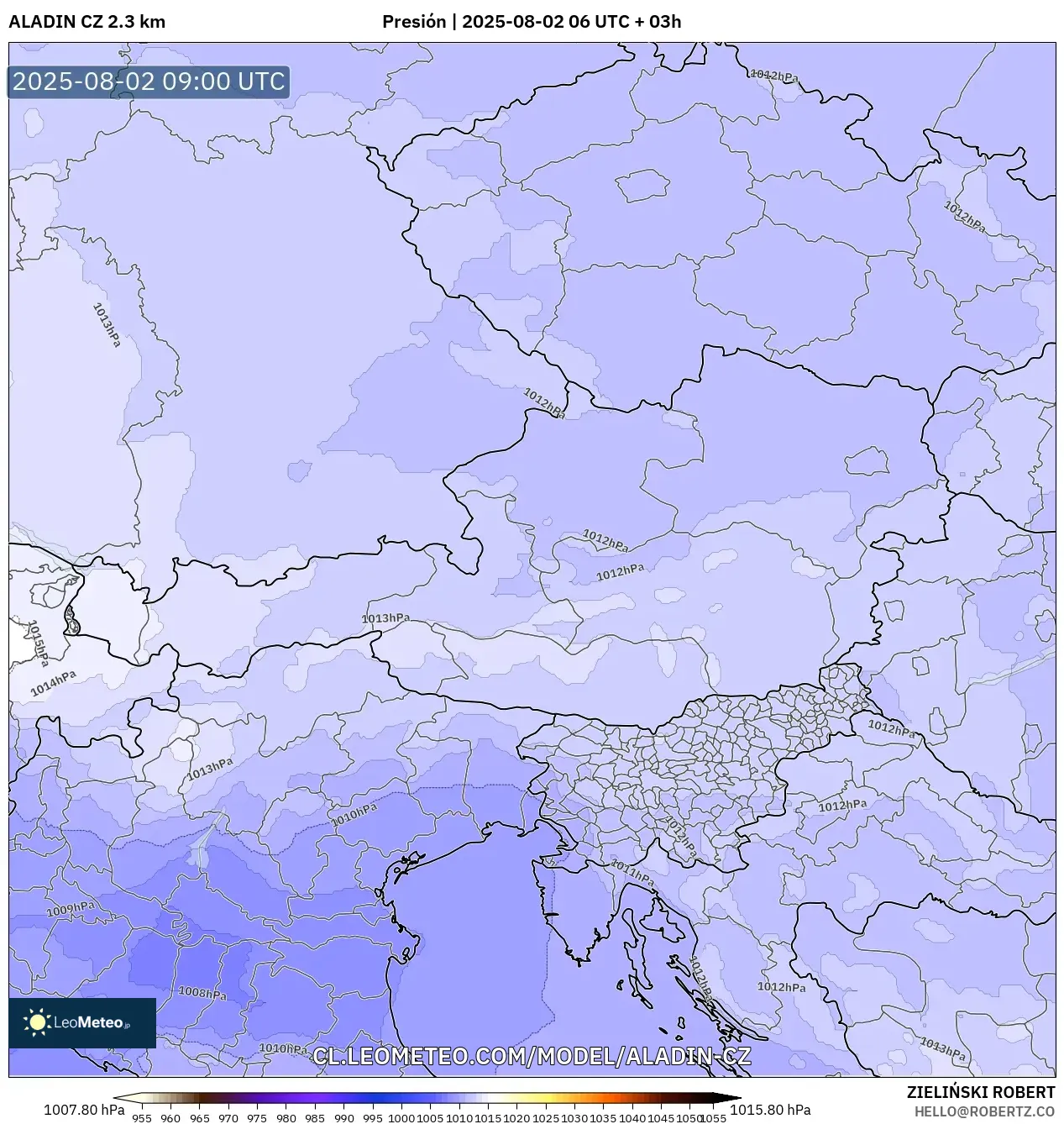 ALADIN CZ 2.3 km model - Austria, Presión ALADIN CZ 2.3 km model - Austria, Presión