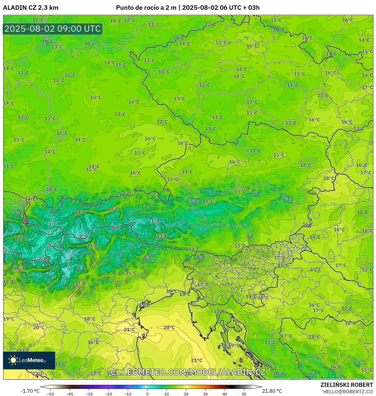 ALADIN CZ 2.3 km model - Austria, Punto de rocío a 2 m ALADIN CZ 2.3 km model - Austria, Punto de rocío a 2 m