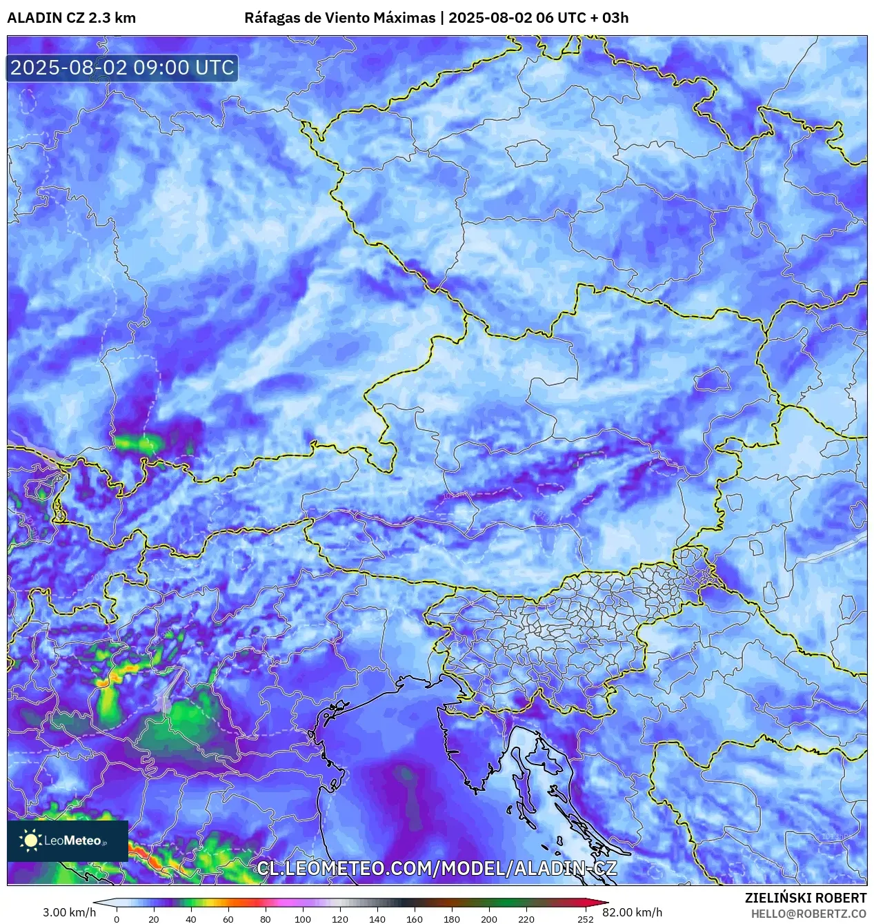 ALADIN CZ 2.3 km model - Austria, Ráfagas de Viento Máximas