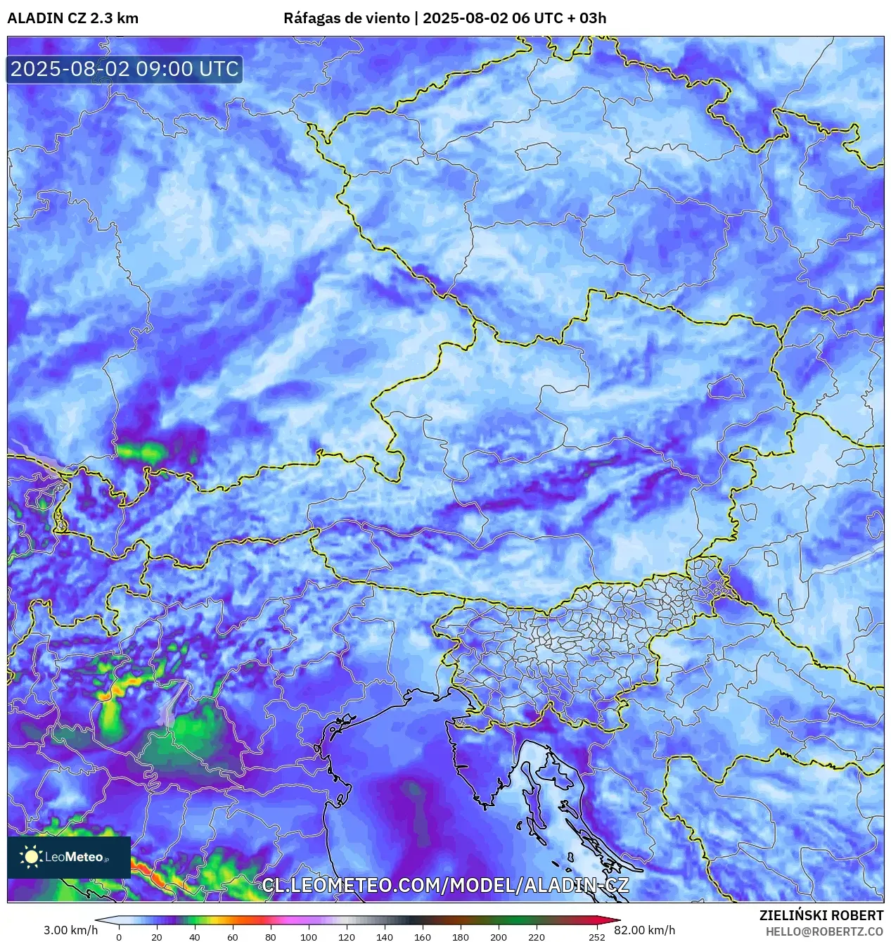 ALADIN CZ 2.3 km model - Austria, Ráfagas de viento