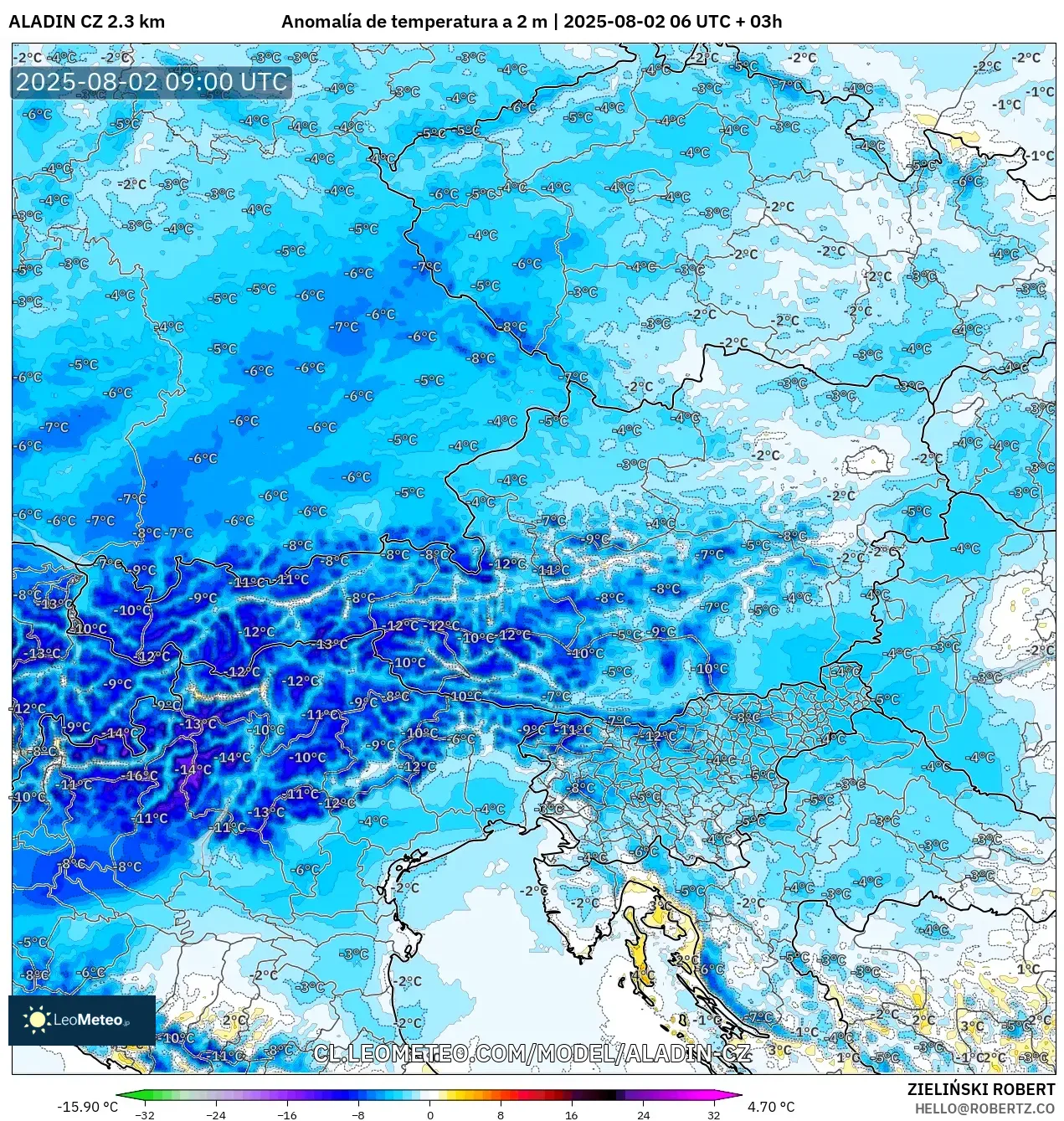 ALADIN CZ 2.3 km model - Austria, Anomalía de temperatura a 2 m