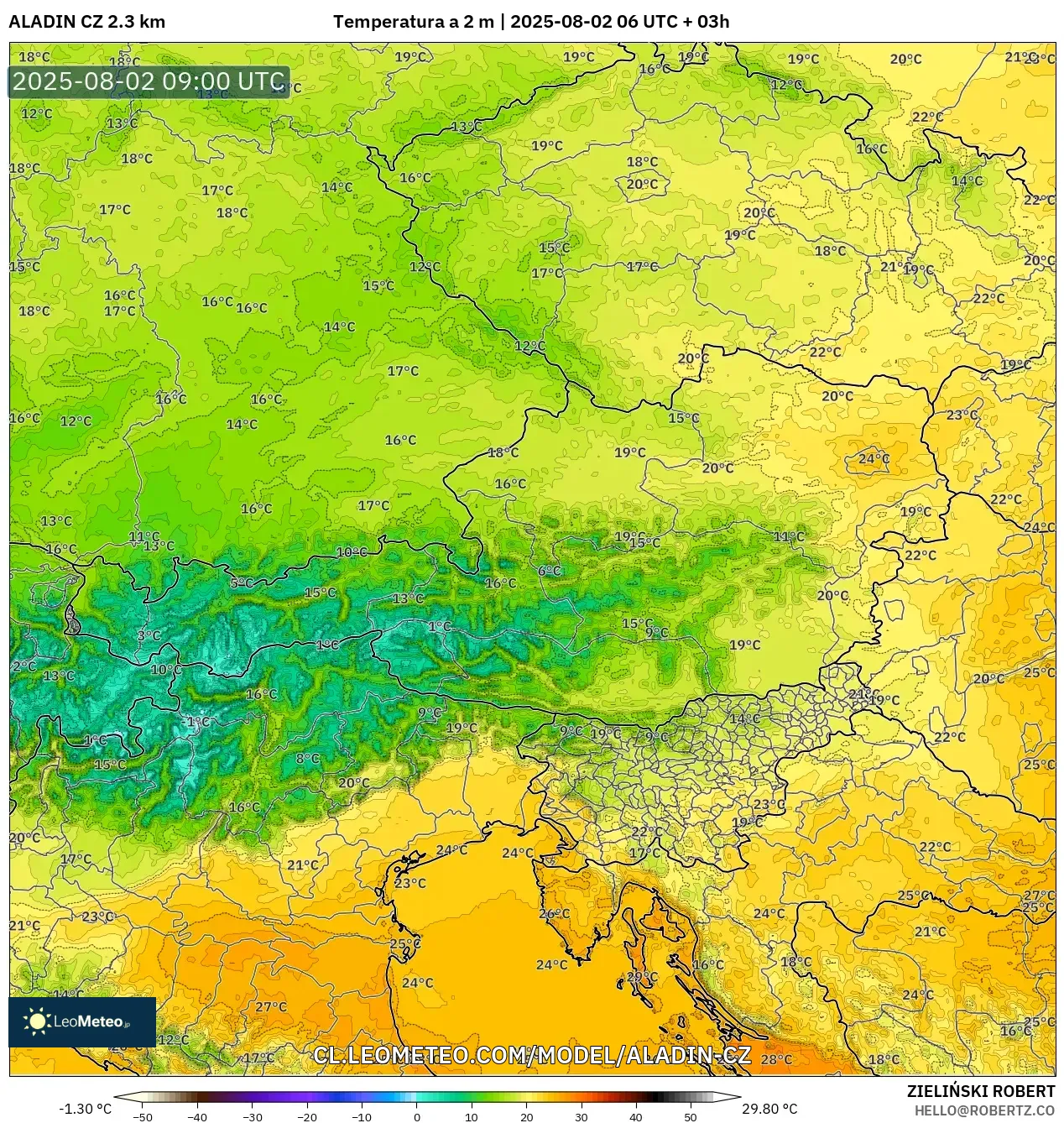 ALADIN CZ 2.3 km model - Austria, Temperatura a 2 m ALADIN CZ 2.3 km model - Austria, Temperatura a 2 m