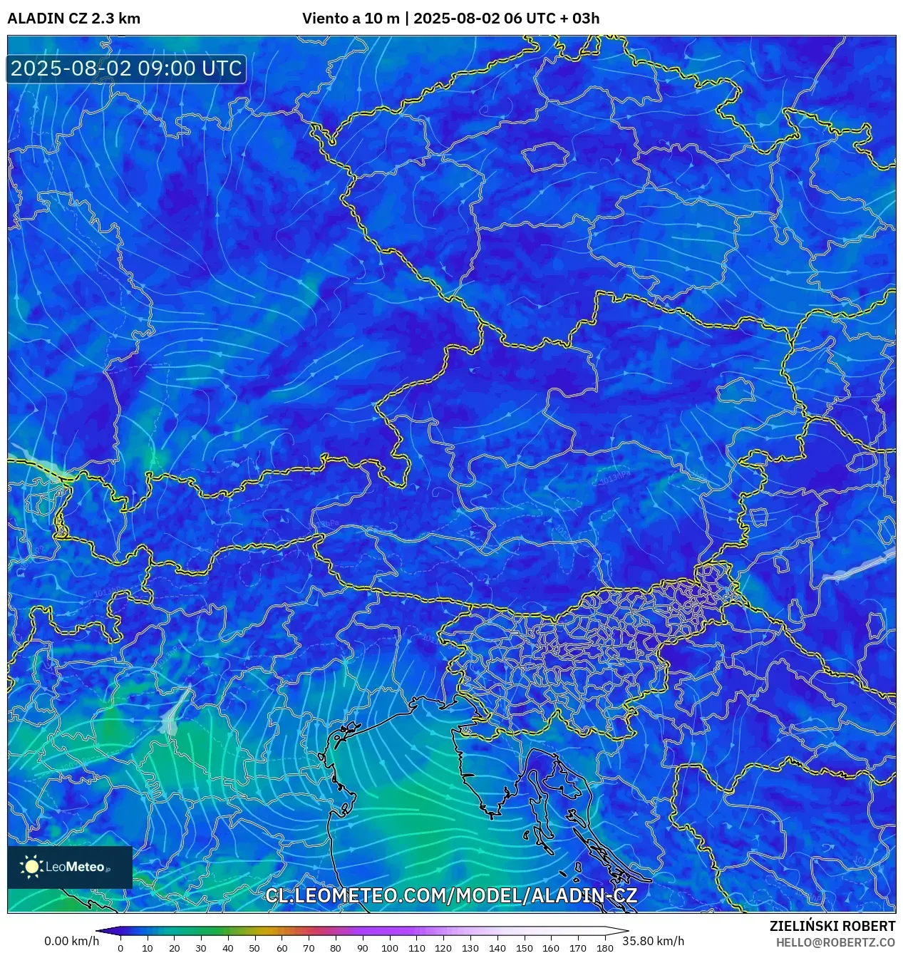 ALADIN CZ 2.3 km model - Austria, Viento a 10 m ALADIN CZ 2.3 km model - Austria, Viento a 10 m
