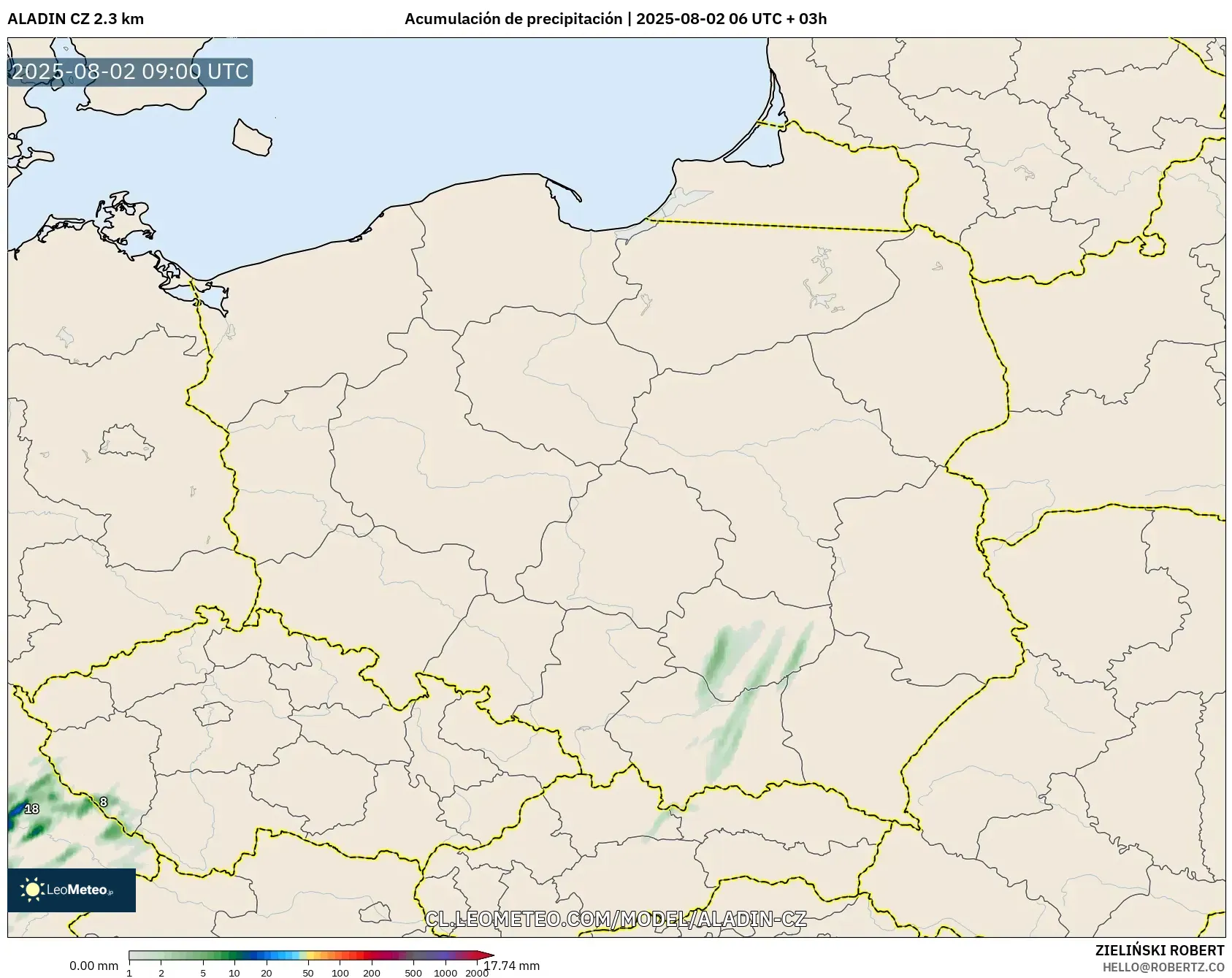 ALADIN CZ 2.3 km model - Polonia, Acumulación de precipitación ALADIN CZ 2.3 km model - Polonia, Acumulación de precipitación