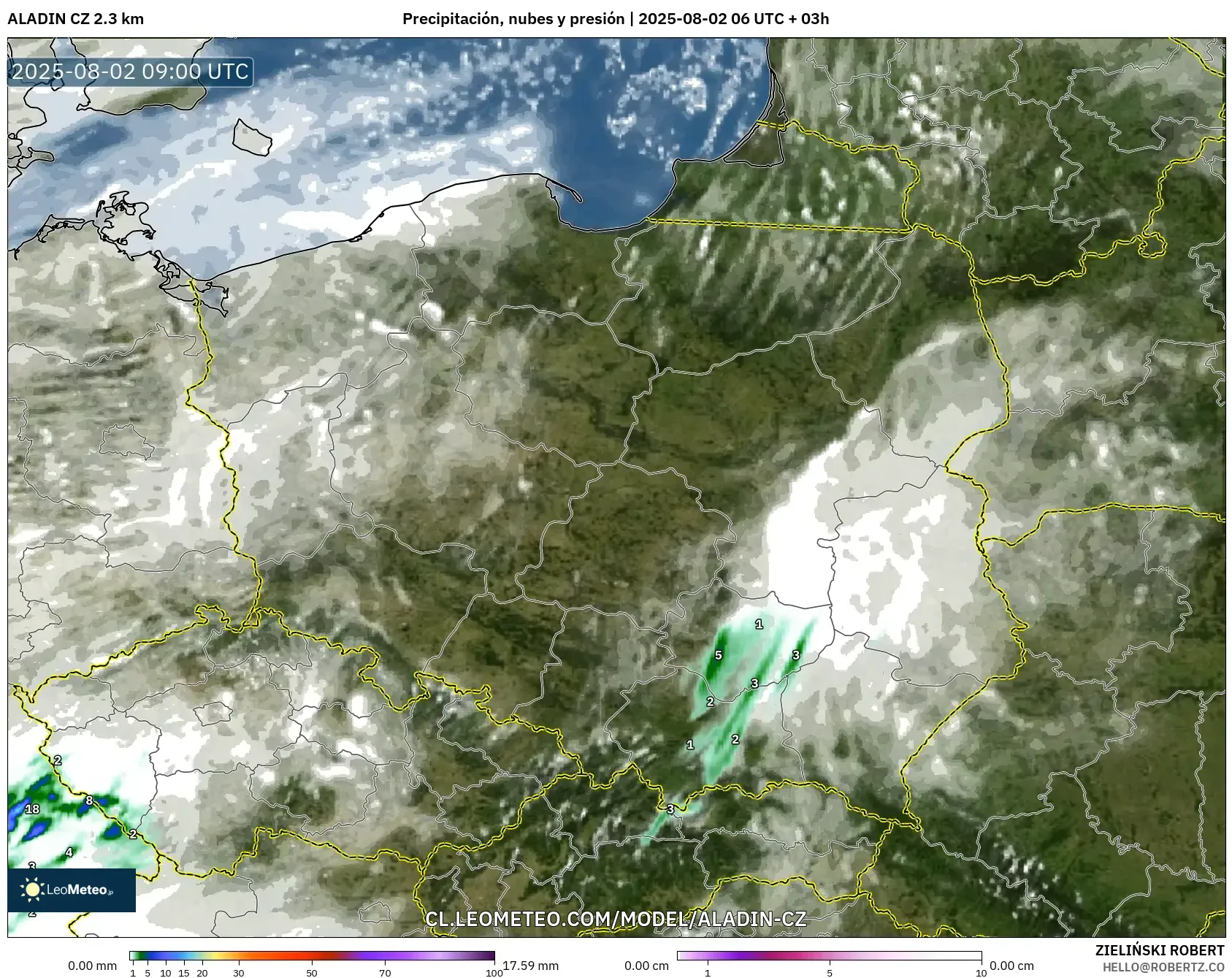 ALADIN CZ 2.3 km model - Polonia, Precipitación, nubes y presión