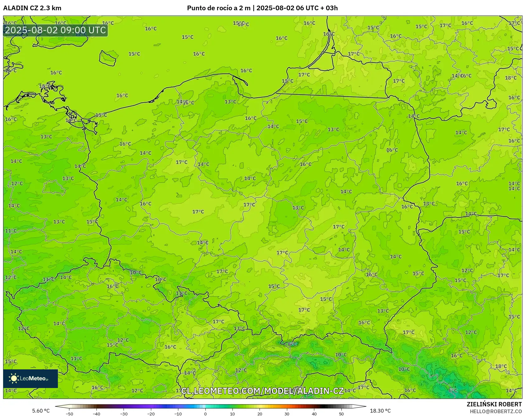 ALADIN CZ 2.3 km model - Polonia, Punto de rocío a 2 m ALADIN CZ 2.3 km model - Polonia, Punto de rocío a 2 m