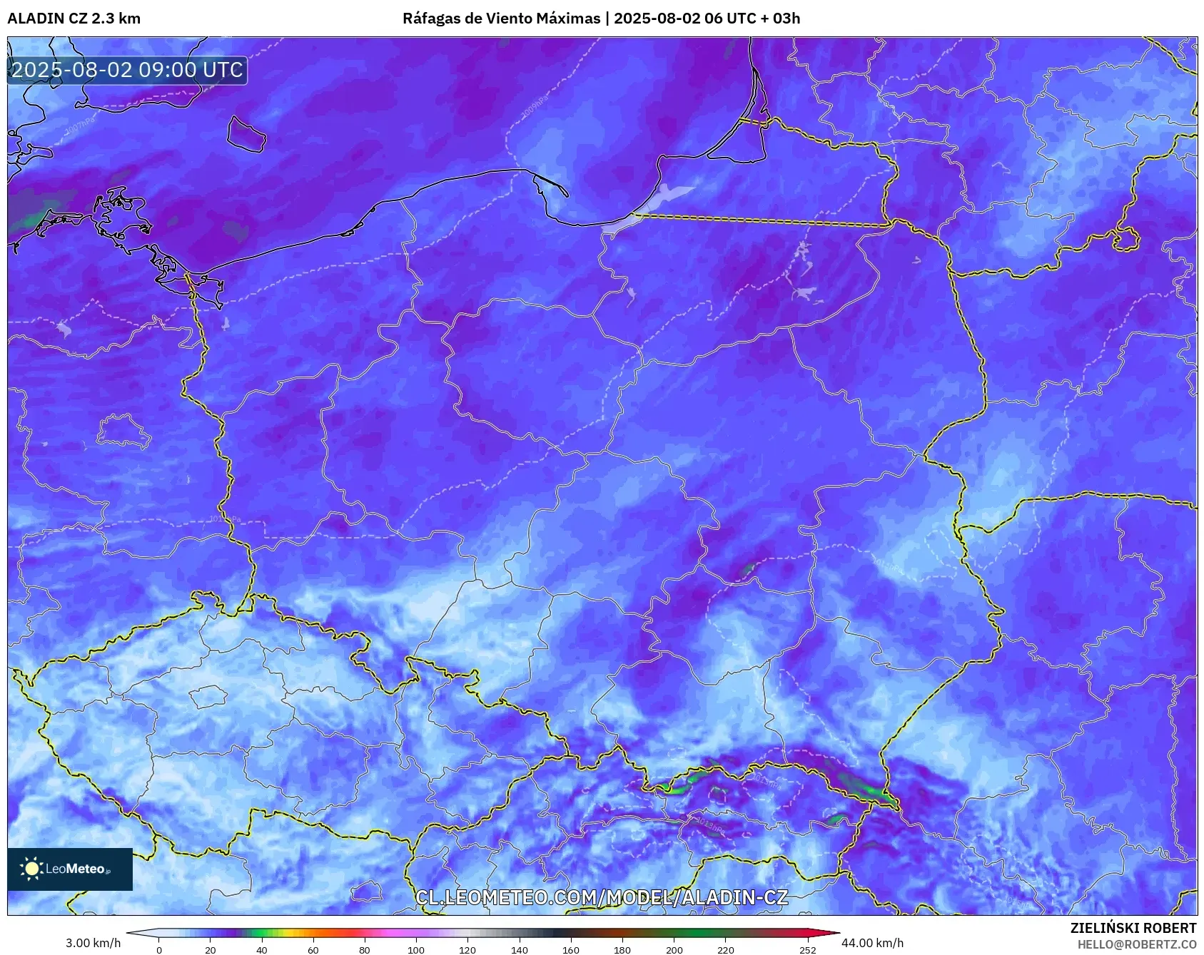 ALADIN CZ 2.3 km model - Polonia, Ráfagas de Viento Máximas ALADIN CZ 2.3 km model - Polonia, Ráfagas de Viento Máximas
