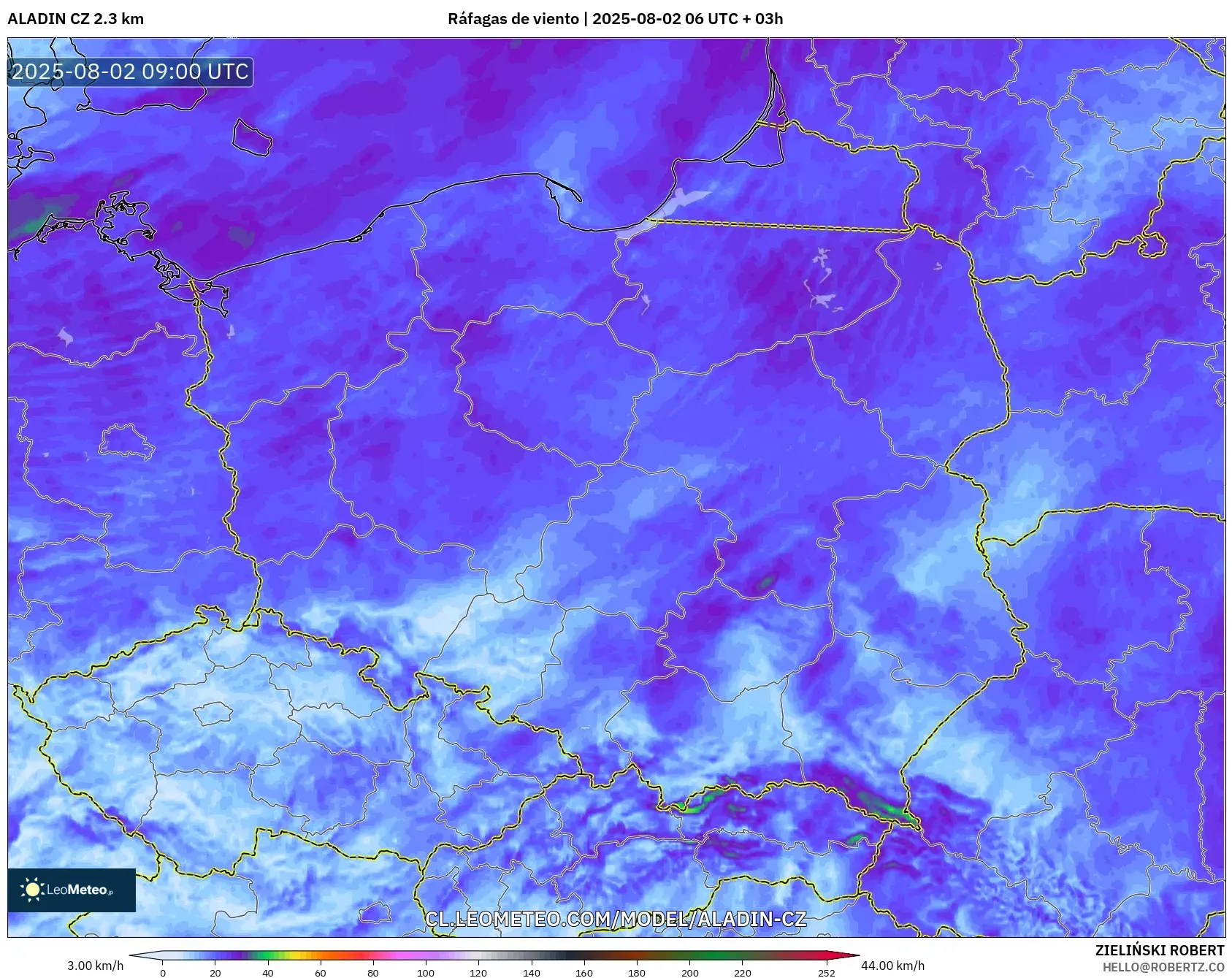 ALADIN CZ 2.3 km model - Polonia, Ráfagas de viento ALADIN CZ 2.3 km model - Polonia, Ráfagas de viento