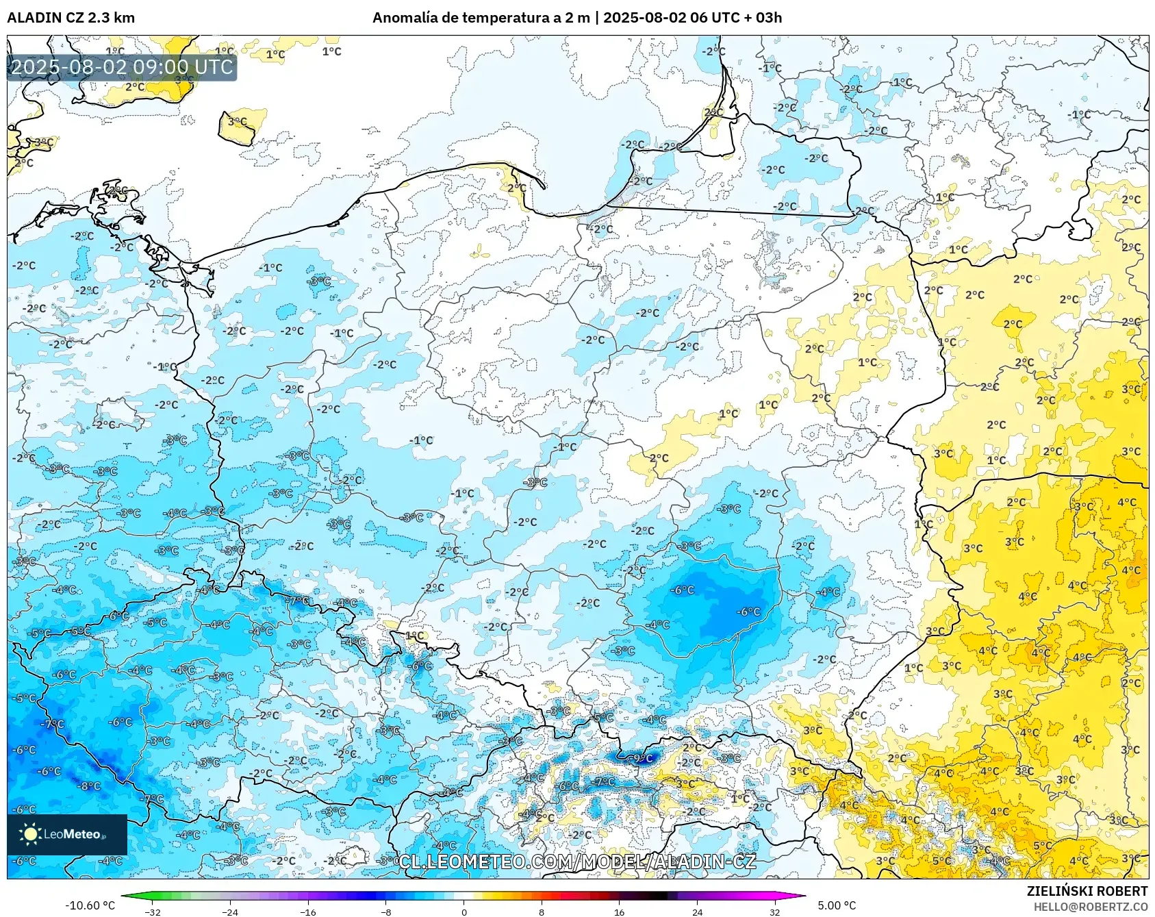 ALADIN CZ 2.3 km model - Polonia, Anomalía de temperatura a 2 m ALADIN CZ 2.3 km model - Polonia, Anomalía de temperatura a 2 m