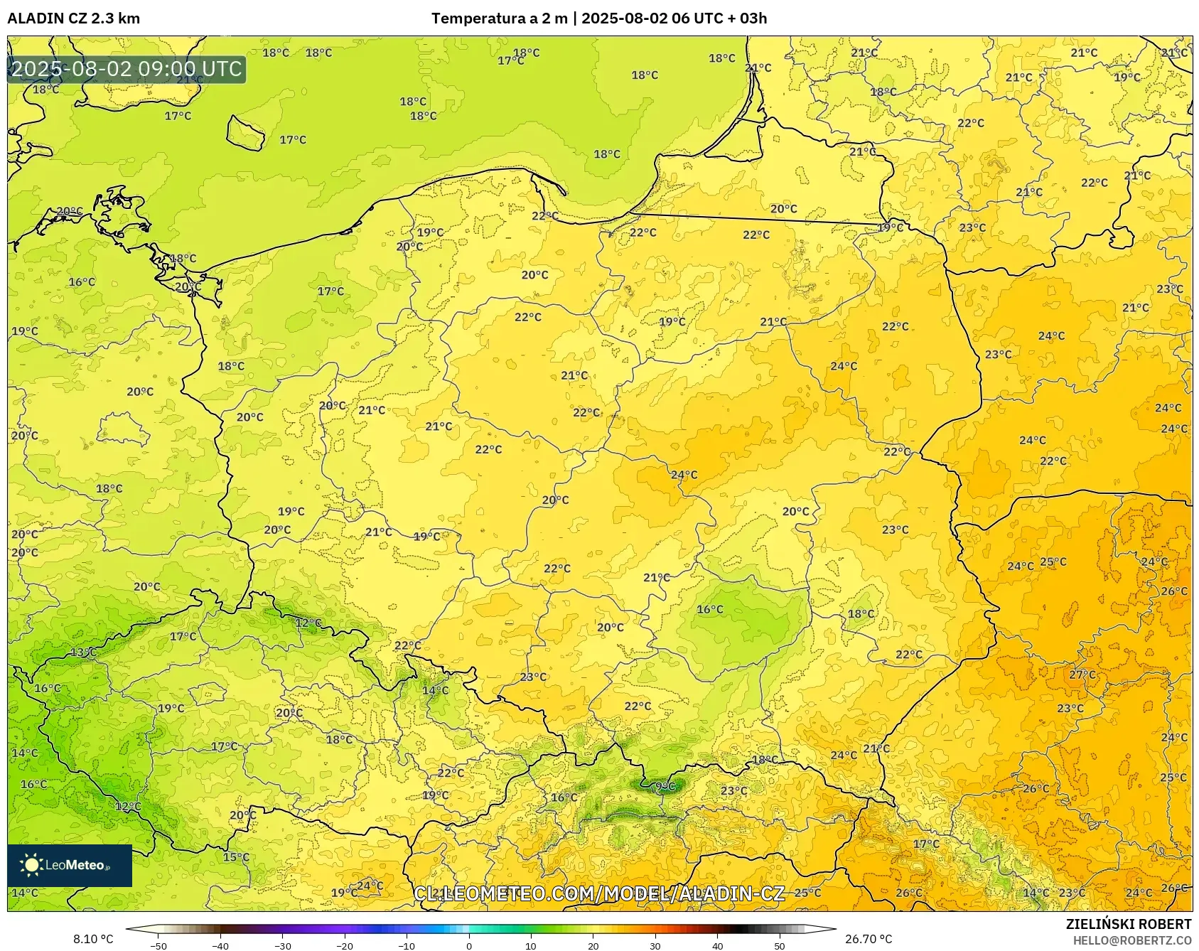 ALADIN CZ 2.3 km model - Polonia, Temperatura a 2 m ALADIN CZ 2.3 km model - Polonia, Temperatura a 2 m