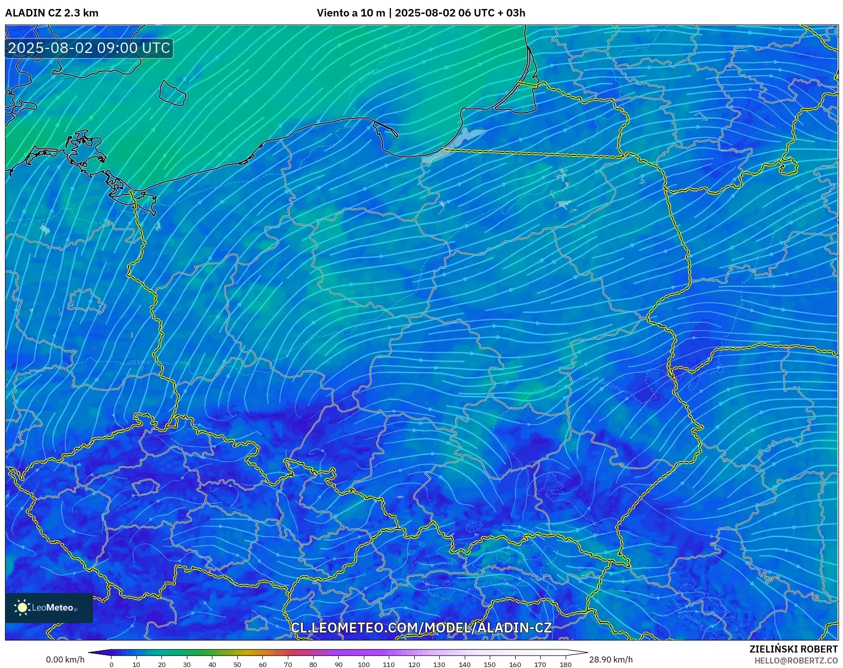 ALADIN CZ 2.3 km model - Polonia, Viento a 10 m ALADIN CZ 2.3 km model - Polonia, Viento a 10 m