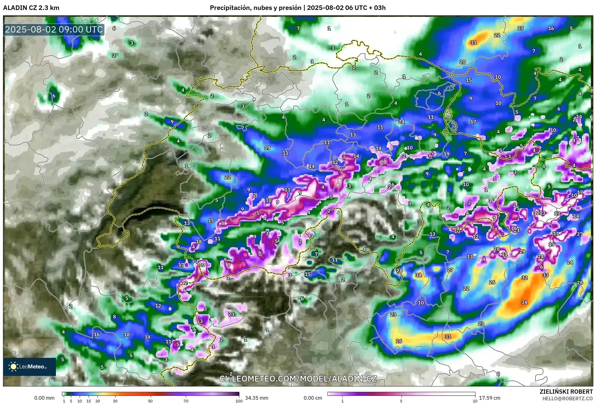 ALADIN CZ 2.3 km model - Suiza, Precipitación, nubes y presión ALADIN CZ 2.3 km model - Suiza, Precipitación, nubes y presión