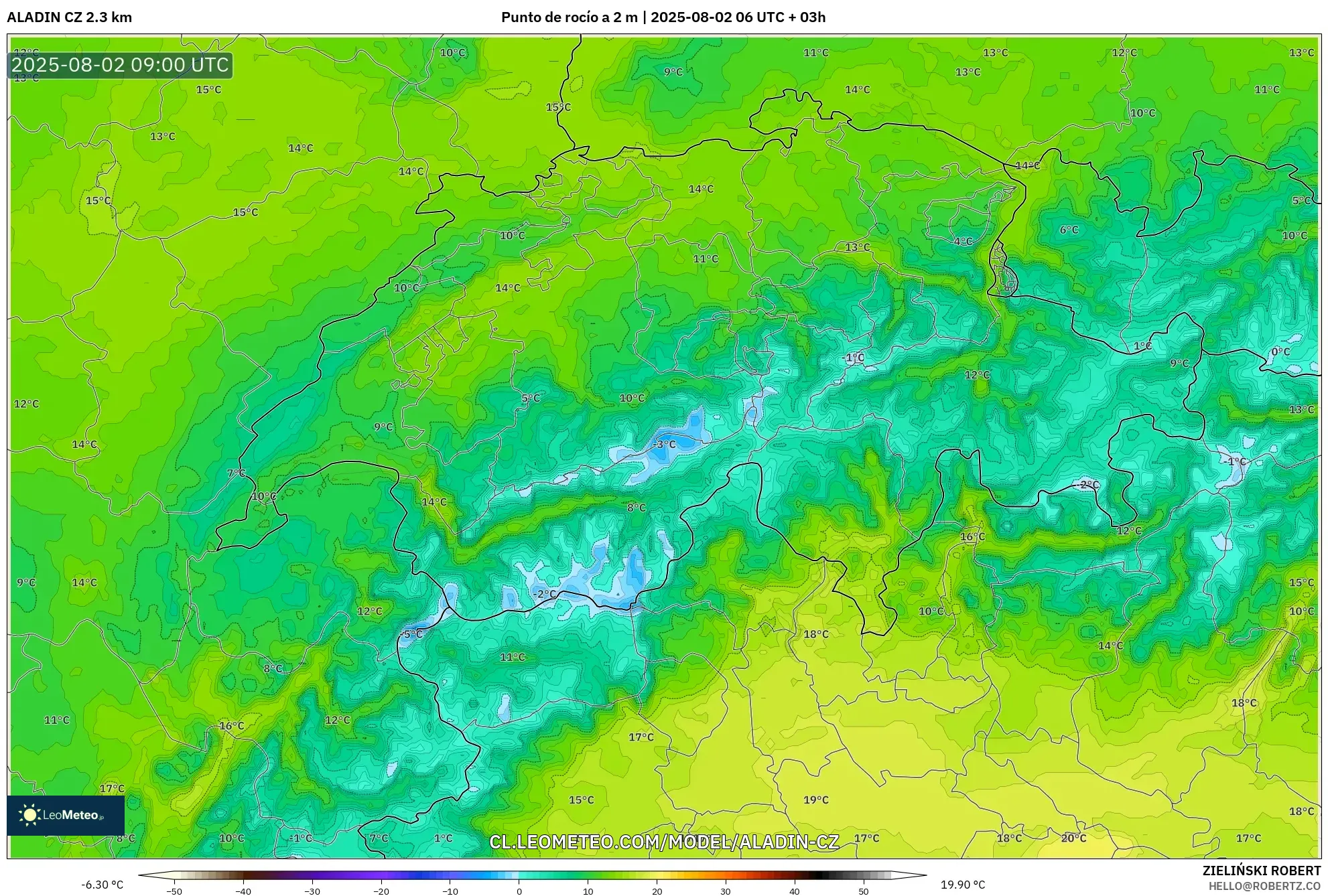 ALADIN CZ 2.3 km model - Suiza, Punto de rocío a 2 m ALADIN CZ 2.3 km model - Suiza, Punto de rocío a 2 m