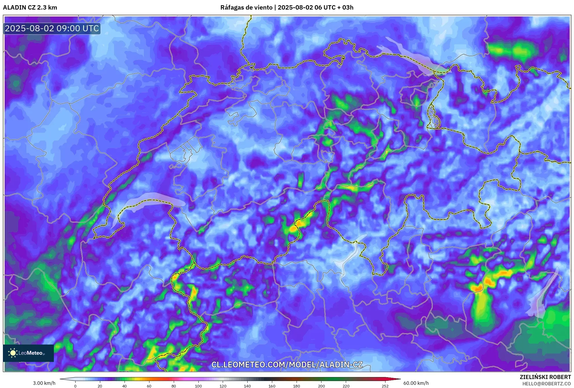 ALADIN CZ 2.3 km model - Suiza, Ráfagas de viento ALADIN CZ 2.3 km model - Suiza, Ráfagas de viento