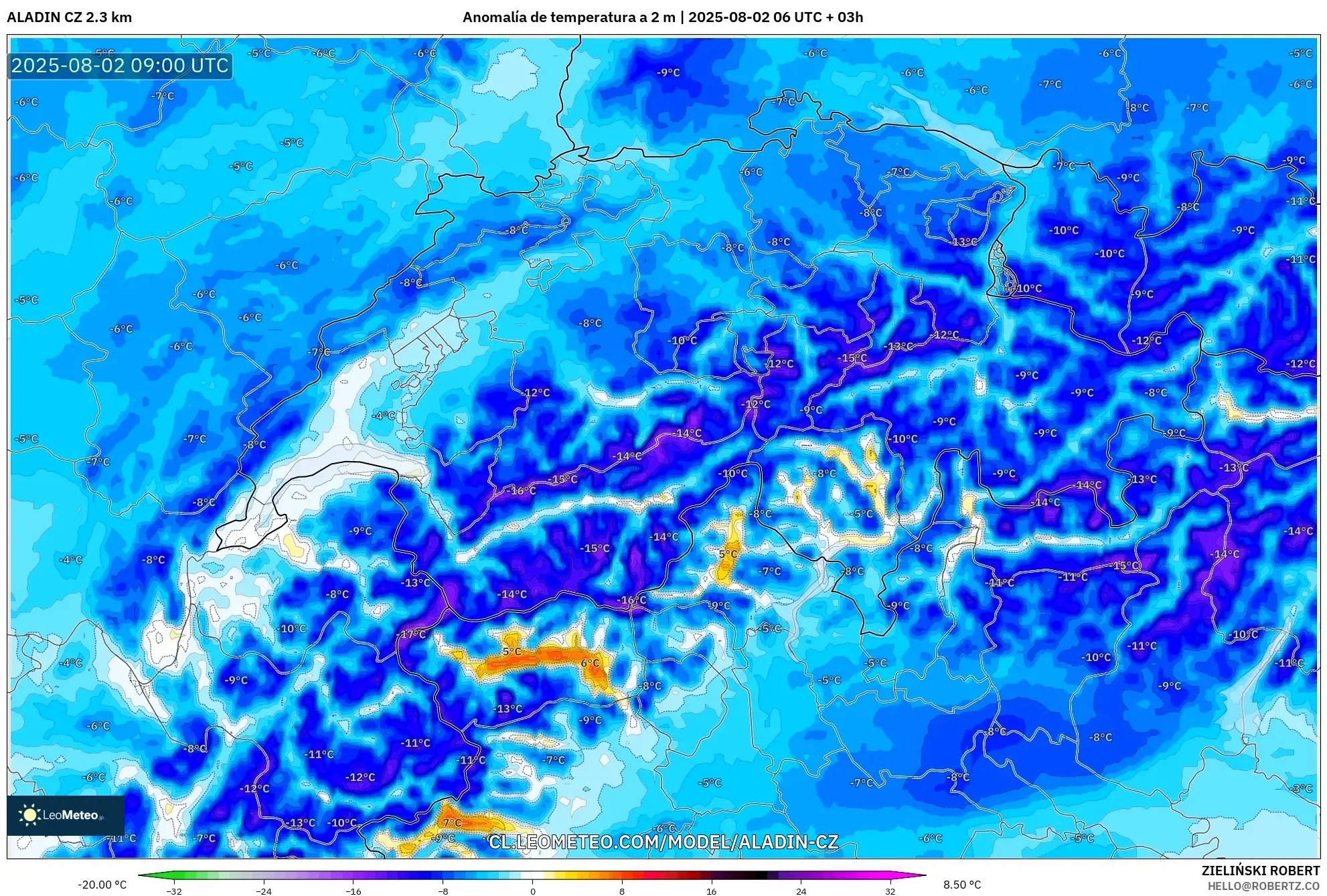 ALADIN CZ 2.3 km model - Suiza, Anomalía de temperatura a 2 m ALADIN CZ 2.3 km model - Suiza, Anomalía de temperatura a 2 m