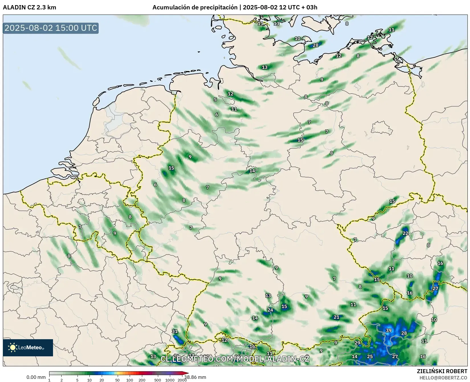 ALADIN CZ 2.3 km model - Alemania, Acumulación de precipitación ALADIN CZ 2.3 km model - Alemania, Acumulación de precipitación