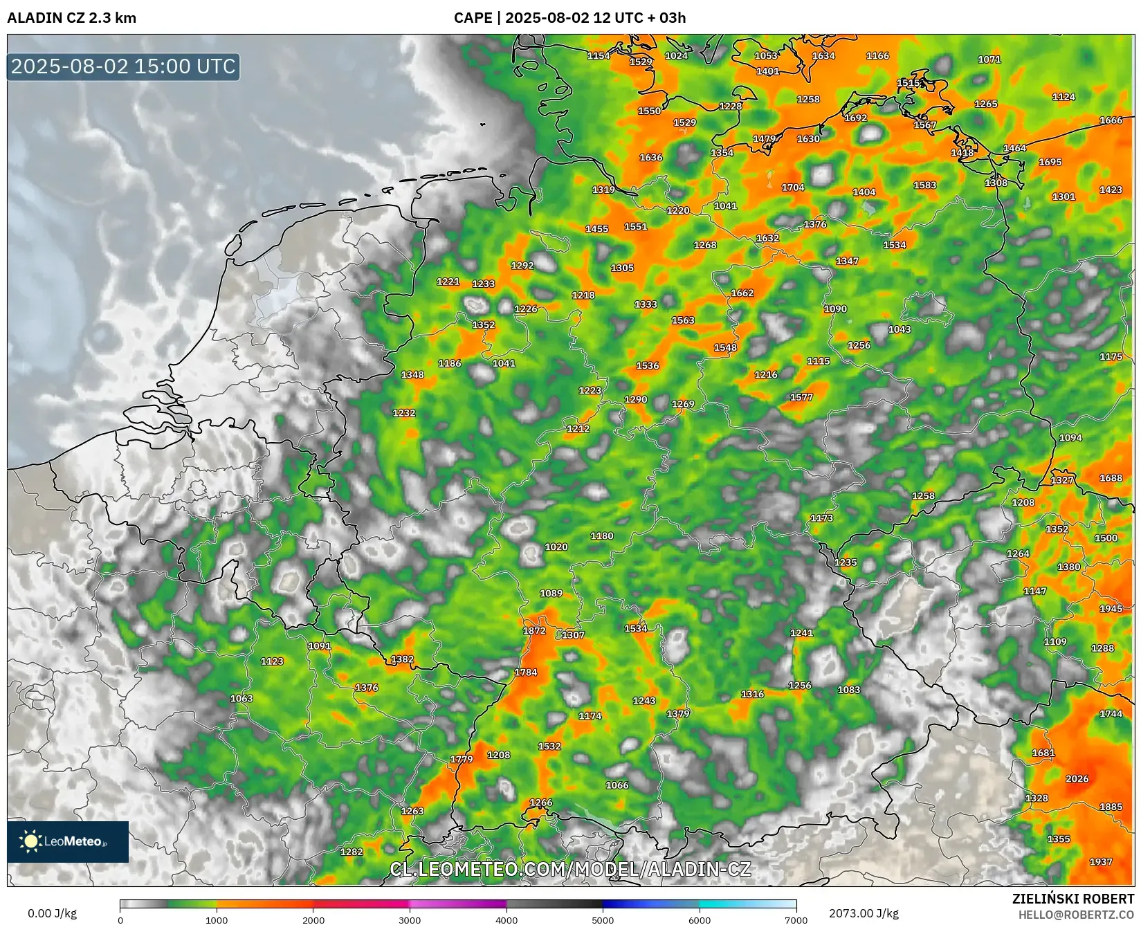 ALADIN CZ 2.3 km model - Alemania, CAPE ALADIN CZ 2.3 km model - Alemania, CAPE