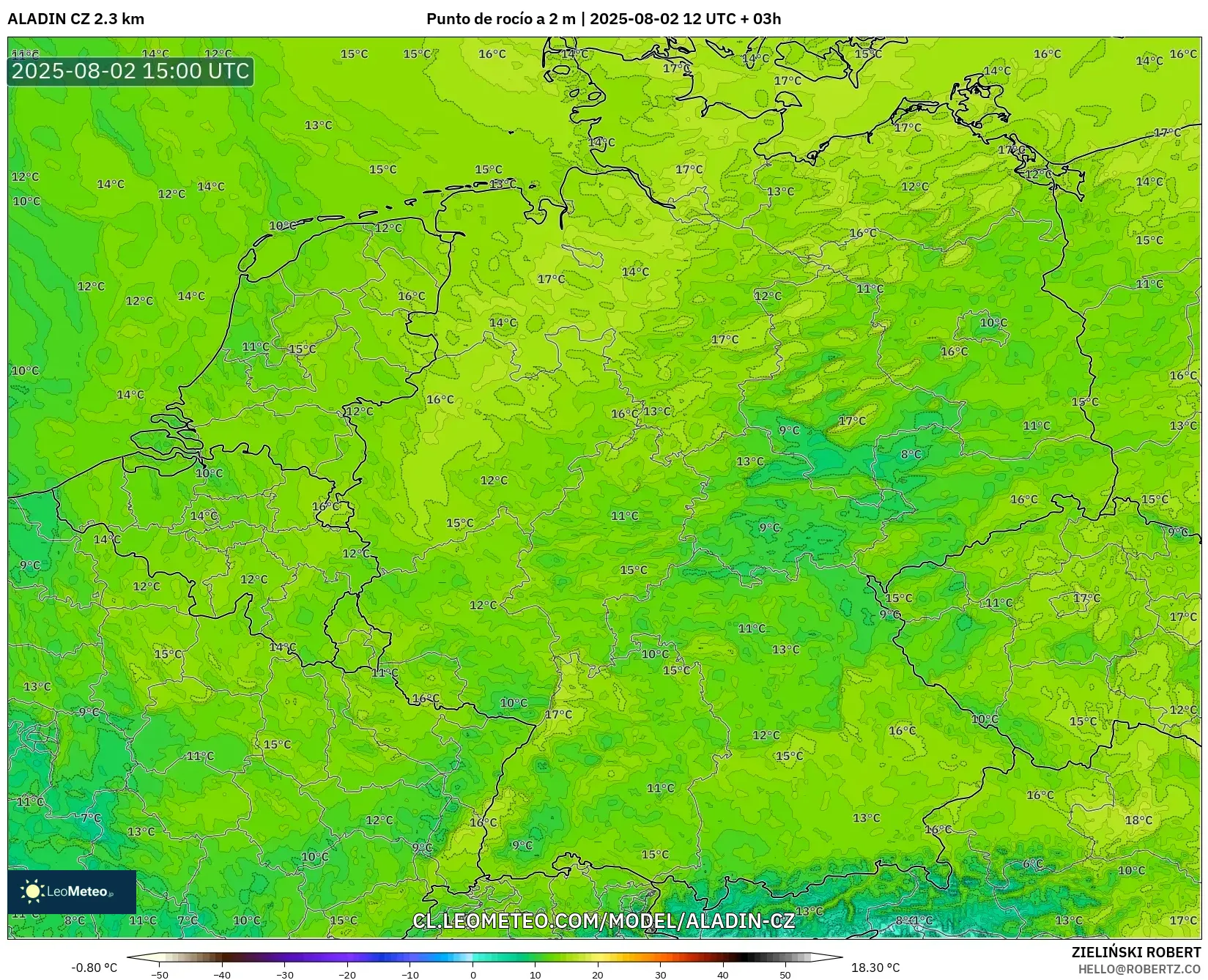 ALADIN CZ 2.3 km model - Alemania, Punto de rocío a 2 m ALADIN CZ 2.3 km model - Alemania, Punto de rocío a 2 m
