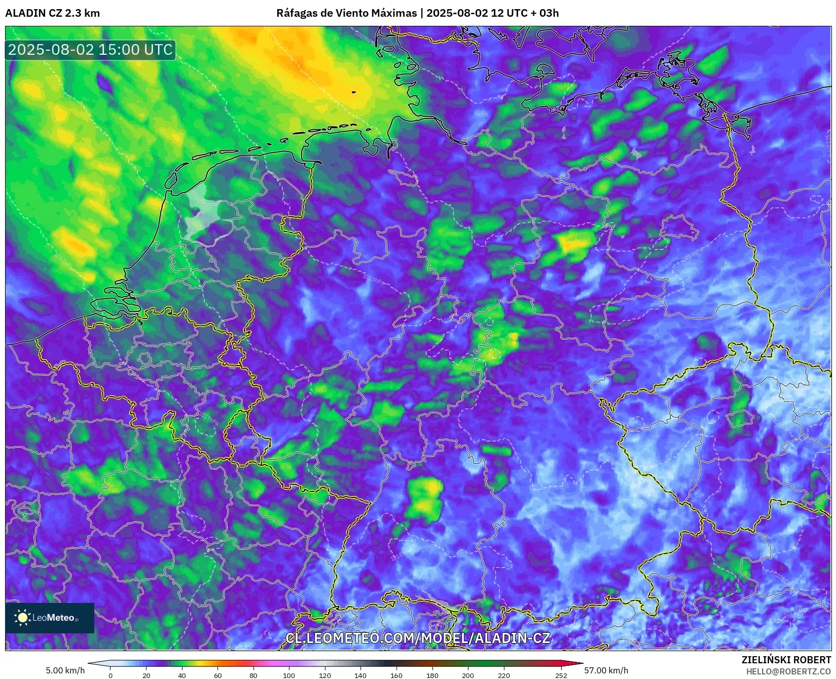 ALADIN CZ 2.3 km model - Alemania, Ráfagas de Viento Máximas ALADIN CZ 2.3 km model - Alemania, Ráfagas de Viento Máximas
