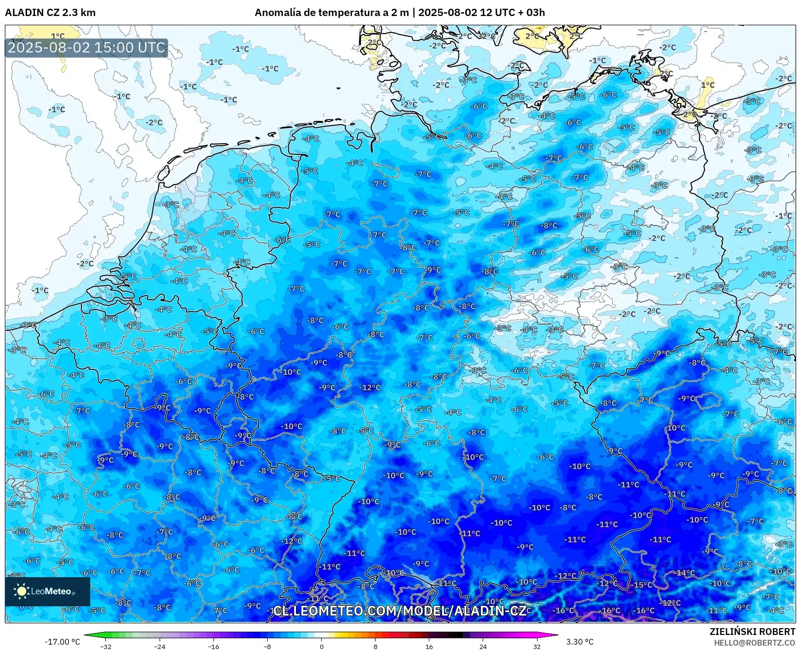 ALADIN CZ 2.3 km model - Alemania, Anomalía de temperatura a 2 m
