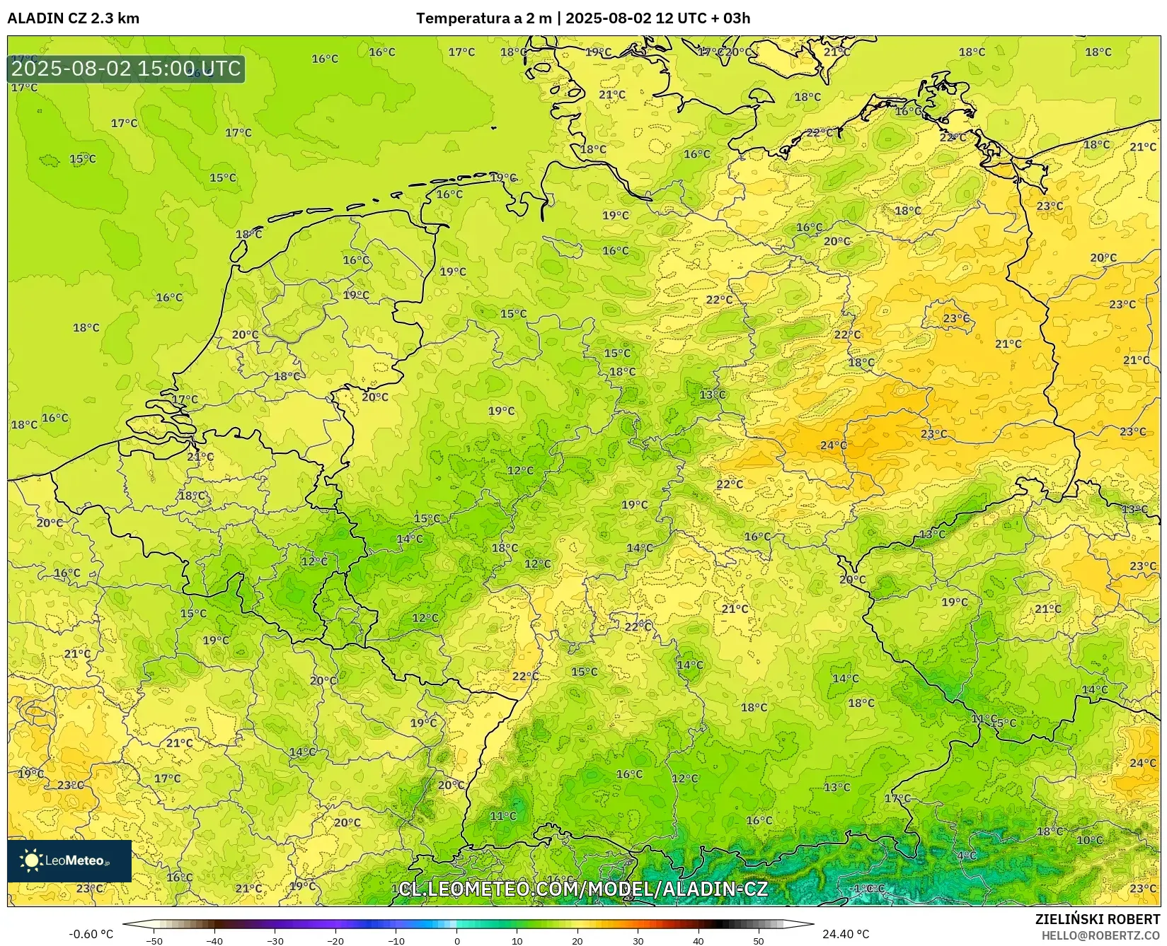 ALADIN CZ 2.3 km model - Alemania, Temperatura a 2 m ALADIN CZ 2.3 km model - Alemania, Temperatura a 2 m