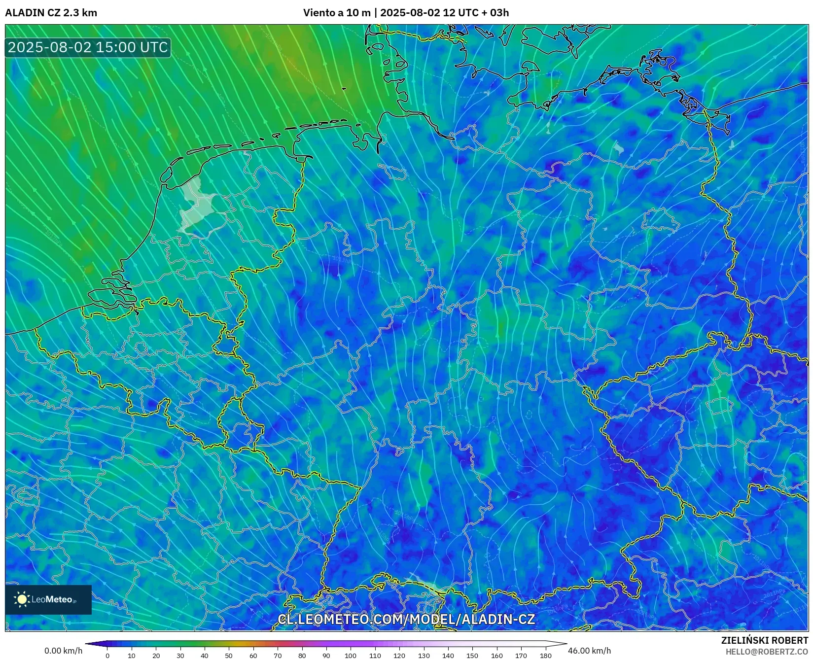 ALADIN CZ 2.3 km model - Alemania, Viento a 10 m ALADIN CZ 2.3 km model - Alemania, Viento a 10 m
