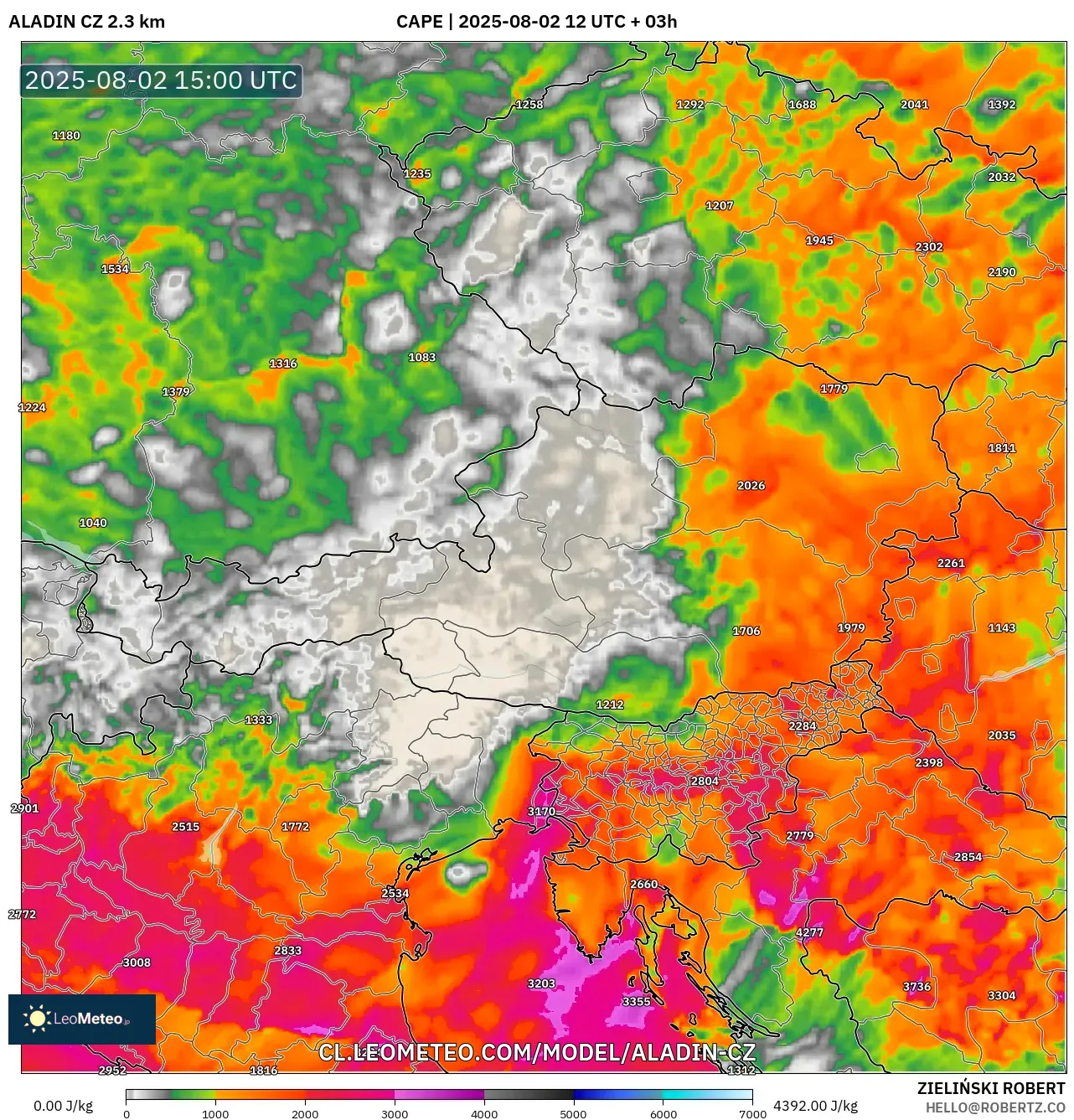 ALADIN CZ 2.3 km model - Austria, CAPE ALADIN CZ 2.3 km model - Austria, CAPE