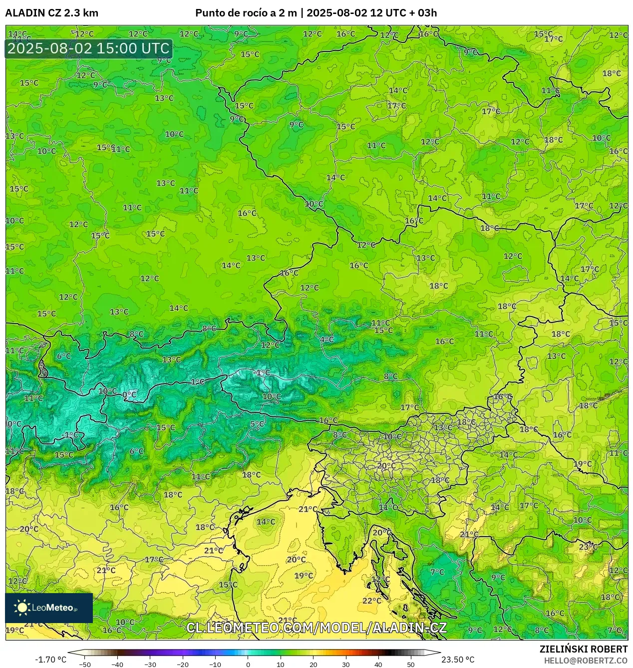 ALADIN CZ 2.3 km model - Austria, Punto de rocío a 2 m ALADIN CZ 2.3 km model - Austria, Punto de rocío a 2 m