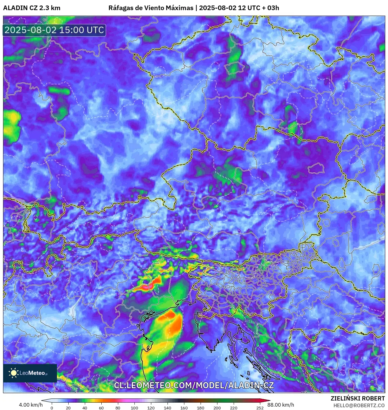 ALADIN CZ 2.3 km model - Austria, Ráfagas de Viento Máximas ALADIN CZ 2.3 km model - Austria, Ráfagas de Viento Máximas