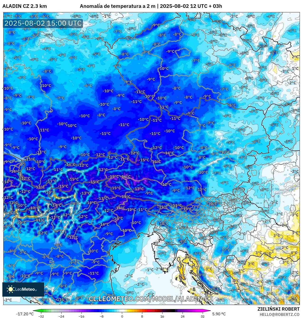 ALADIN CZ 2.3 km model - Austria, Anomalía de temperatura a 2 m ALADIN CZ 2.3 km model - Austria, Anomalía de temperatura a 2 m