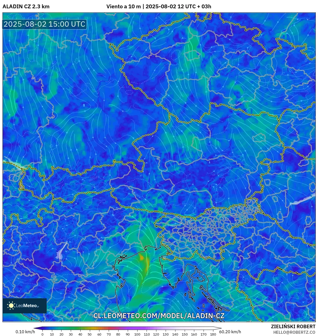 ALADIN CZ 2.3 km model - Austria, Viento a 10 m