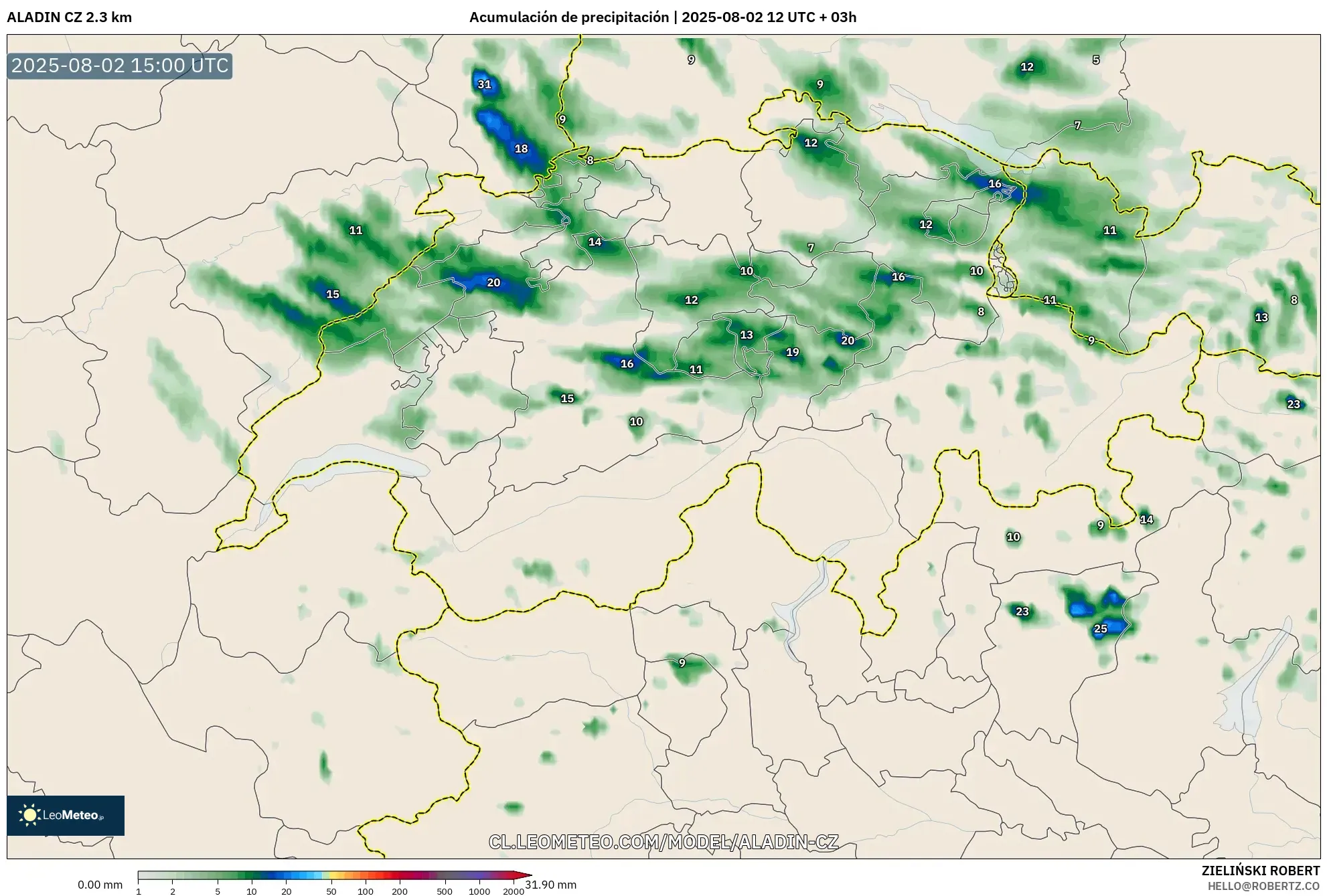 ALADIN CZ 2.3 km model - Suiza, Acumulación de precipitación ALADIN CZ 2.3 km model - Suiza, Acumulación de precipitación