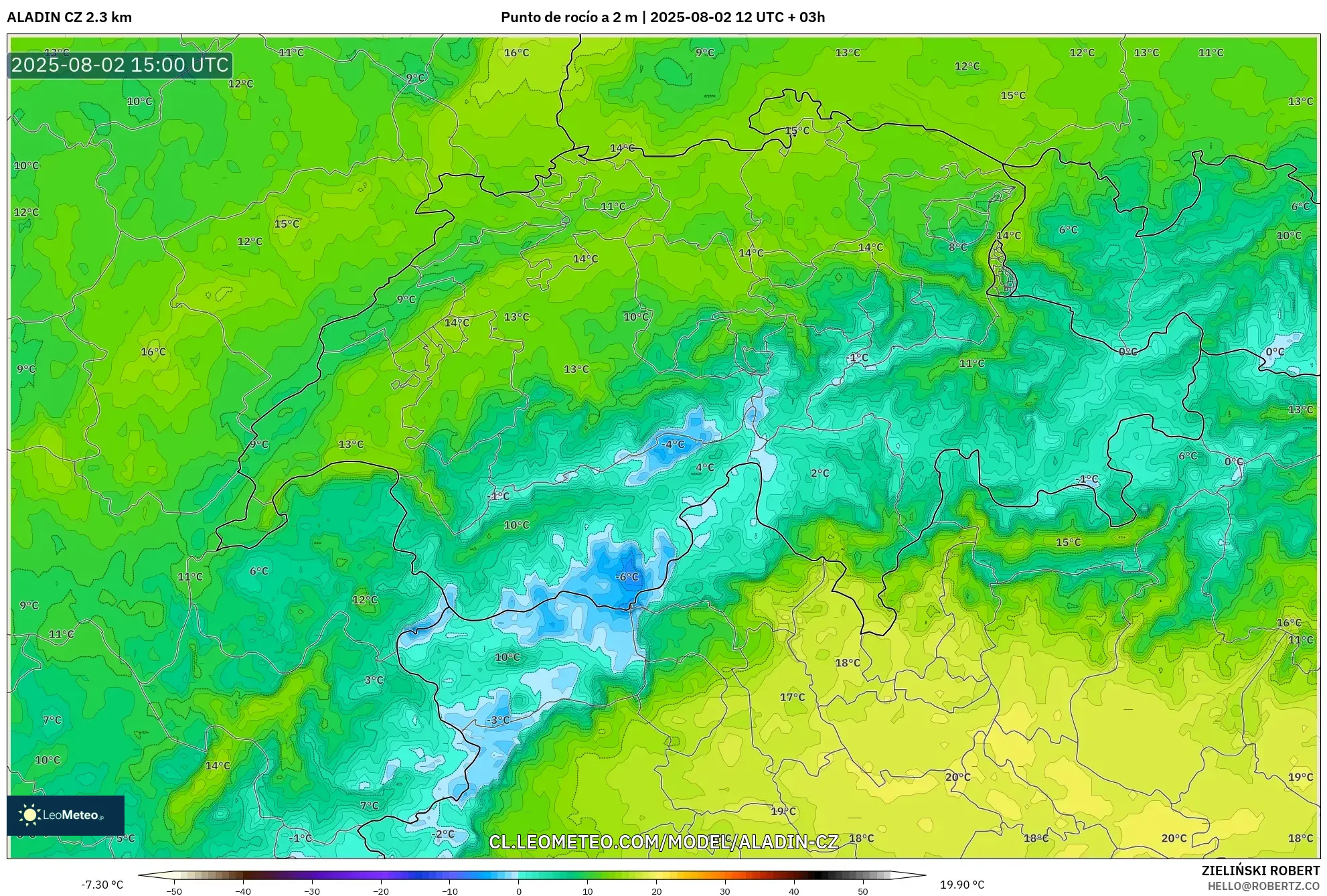 ALADIN CZ 2.3 km model - Suiza, Punto de rocío a 2 m ALADIN CZ 2.3 km model - Suiza, Punto de rocío a 2 m