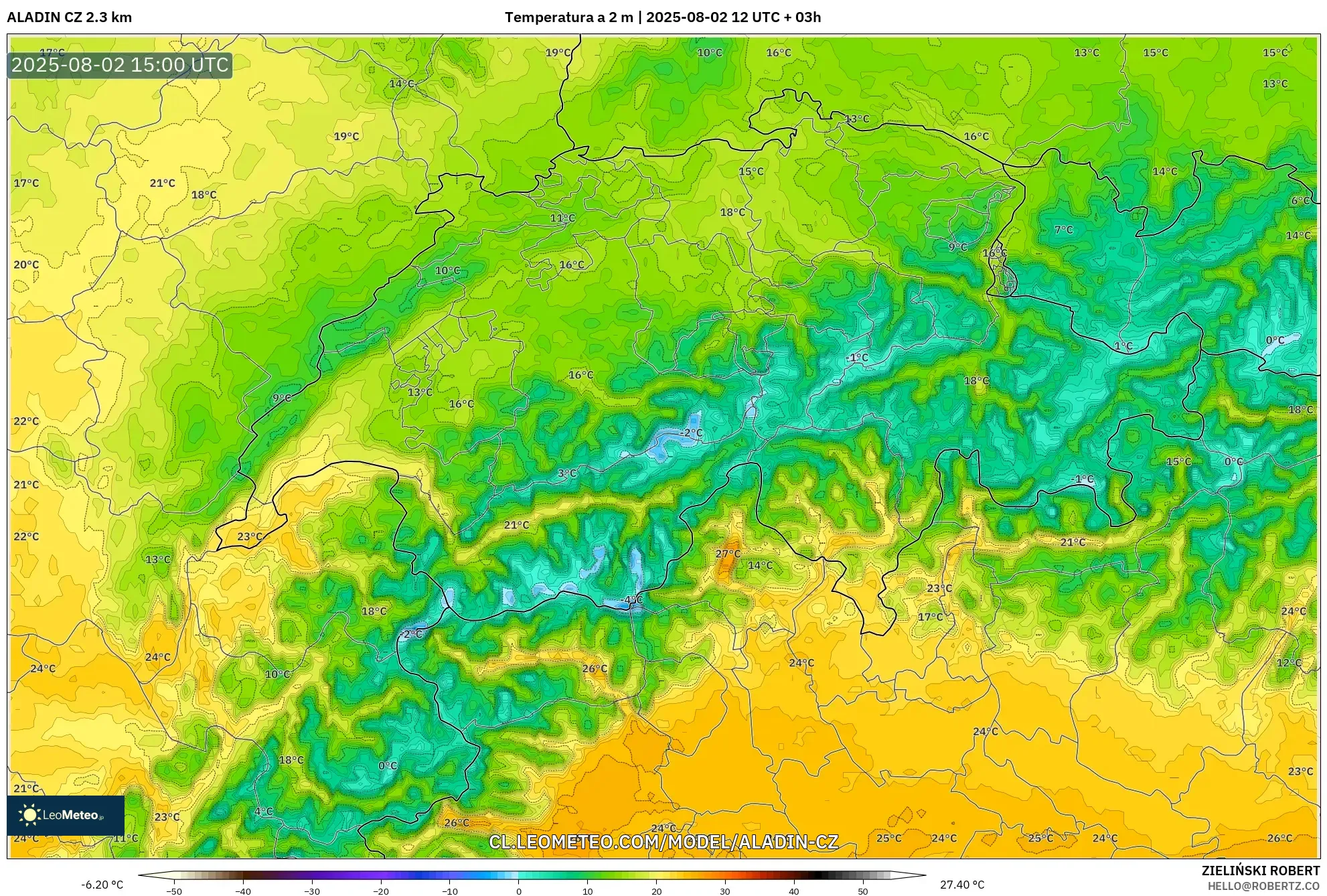 ALADIN CZ 2.3 km model - Suiza, Temperatura a 2 m ALADIN CZ 2.3 km model - Suiza, Temperatura a 2 m