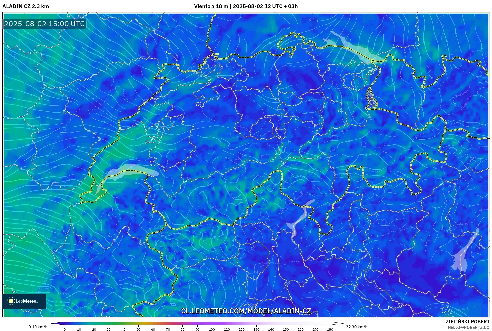 ALADIN CZ 2.3 km model - Suiza, Viento a 10 m