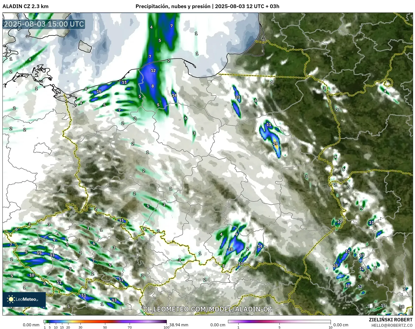 ALADIN CZ 2.3 km model - Polonia, Precipitación, nubes y presión