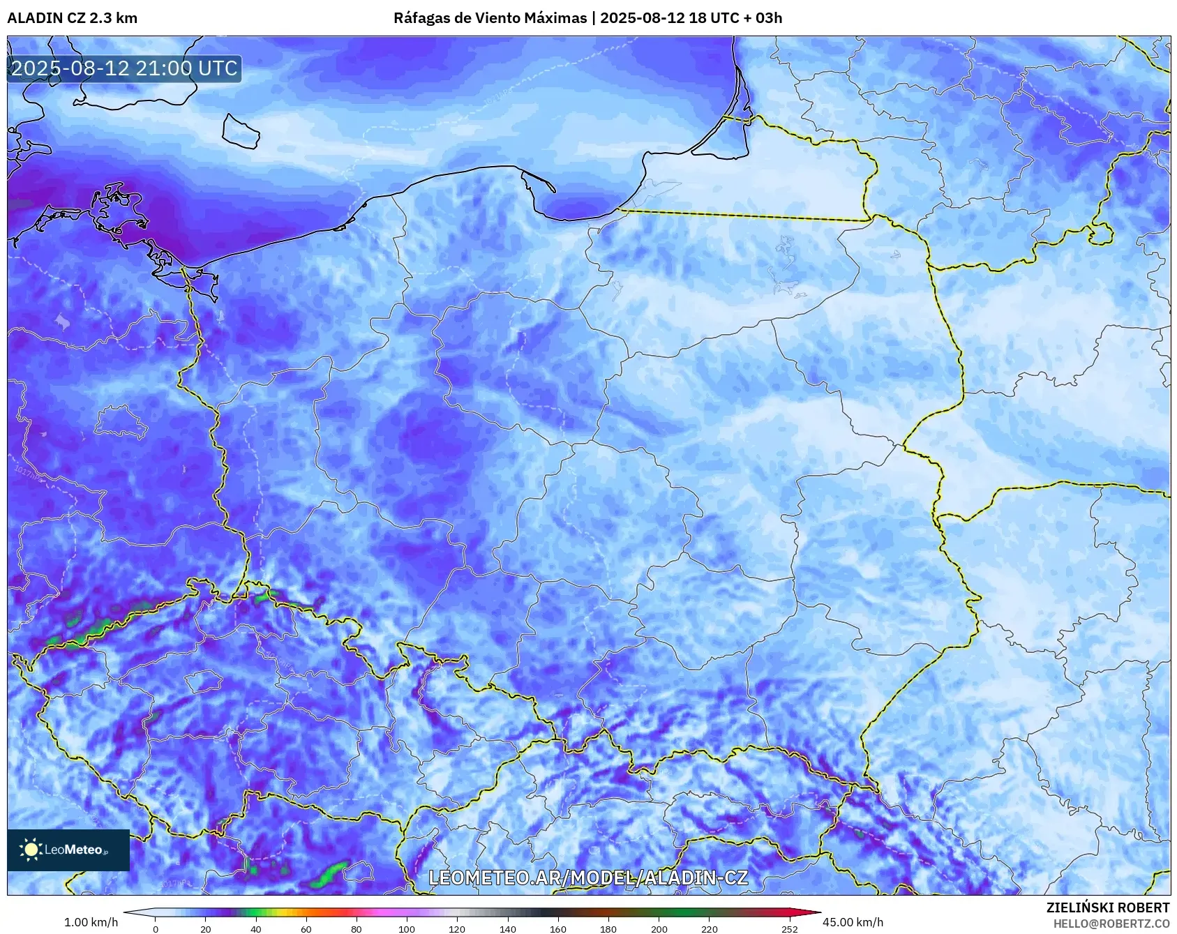 ALADIN CZ 2.3 km model - Polonia, Ráfagas de Viento Máximas ALADIN CZ 2.3 km model - Polonia, Ráfagas de Viento Máximas