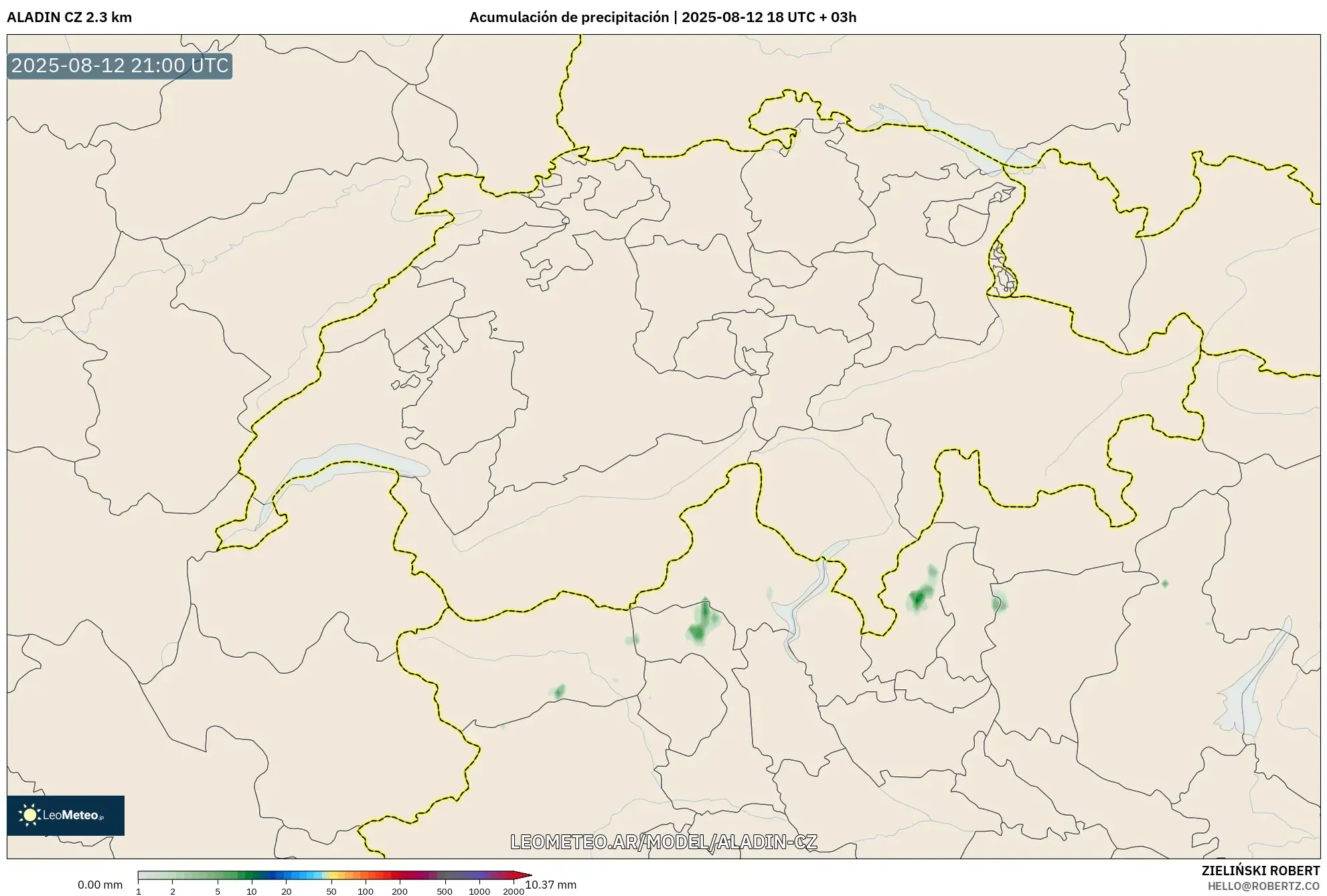 ALADIN CZ 2.3 km model - Suiza, Acumulación de precipitación ALADIN CZ 2.3 km model - Suiza, Acumulación de precipitación