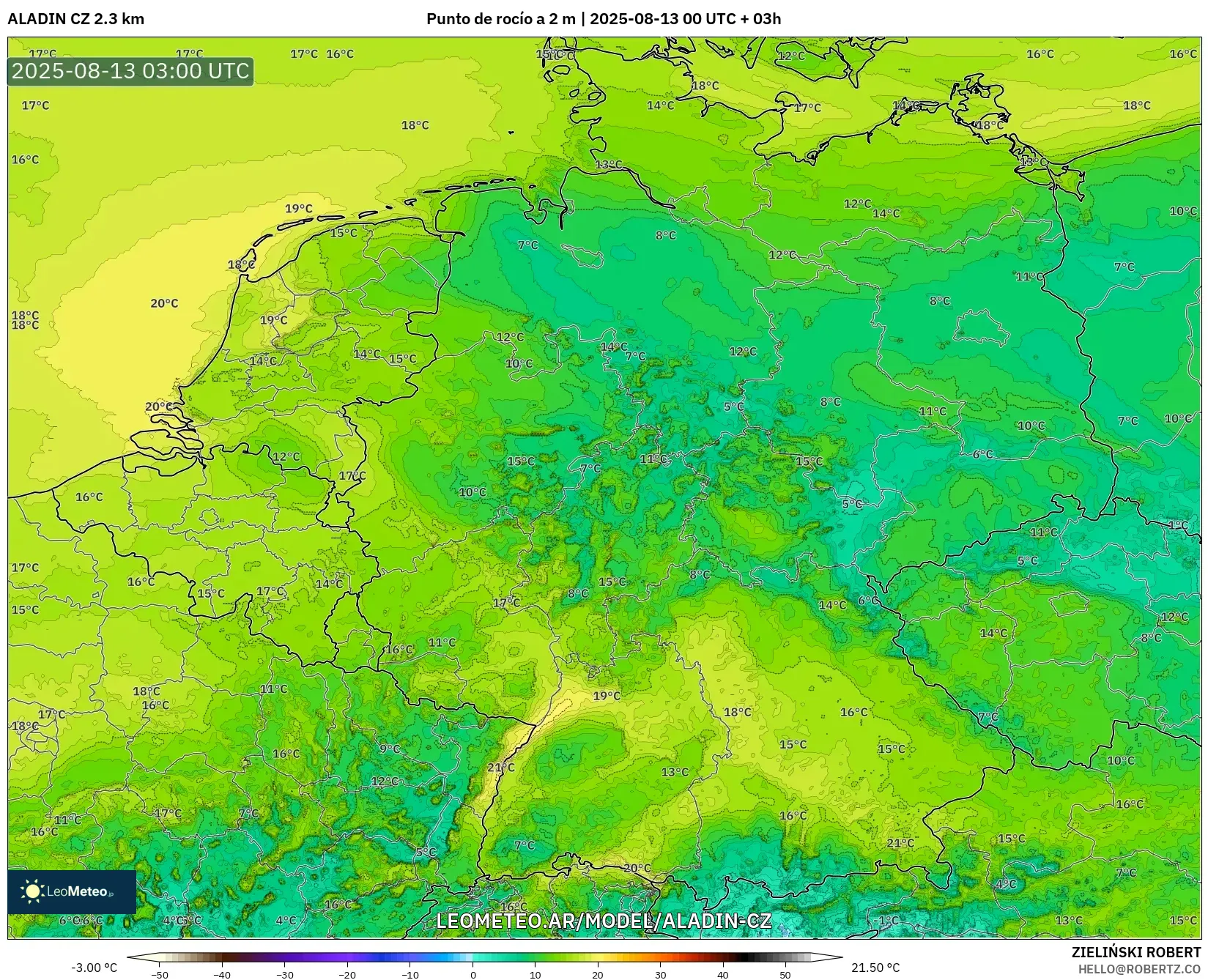 ALADIN CZ 2.3 km model - Alemania, Punto de rocío a 2 m