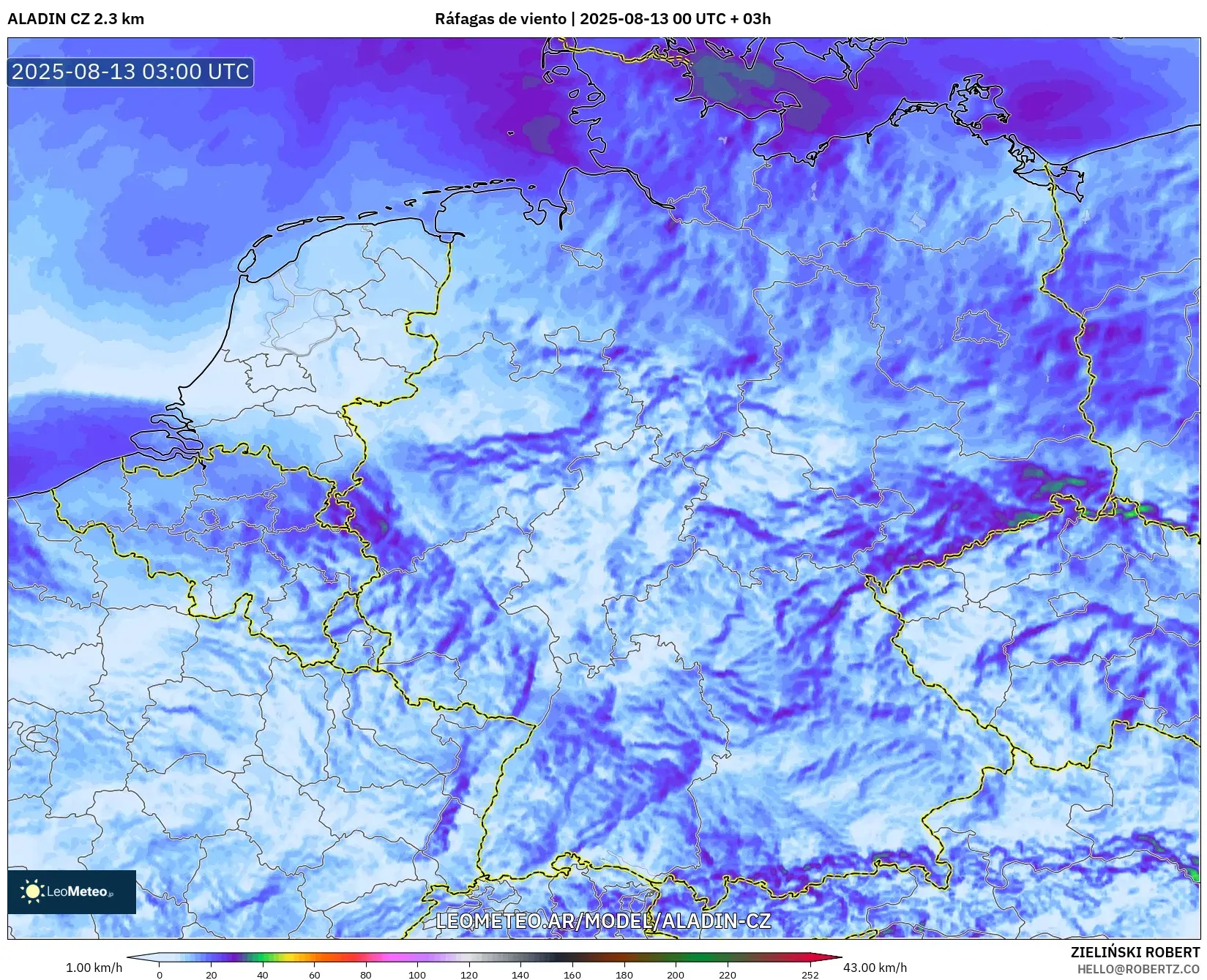 ALADIN CZ 2.3 km model - Alemania, Ráfagas de viento ALADIN CZ 2.3 km model - Alemania, Ráfagas de viento